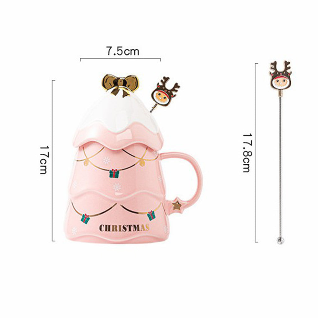 1PC Cartoon Christmas Tree Coffee Mug with Lid and Spoon for Home Office pink