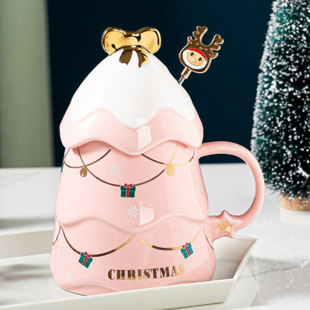 1PC Cartoon Christmas Tree Coffee Mug with Lid and Spoon for Home Office pink