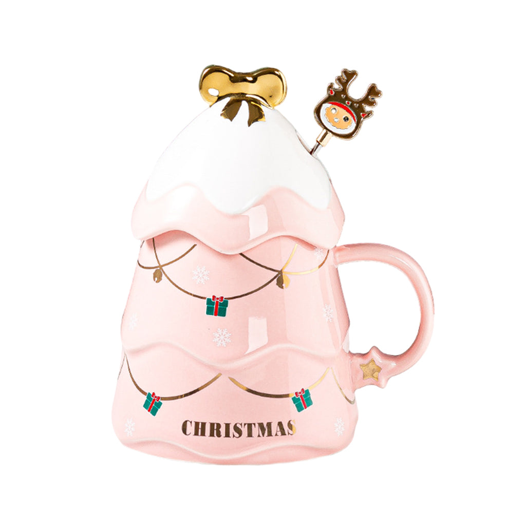 1PC Cartoon Christmas Tree Coffee Mug with Lid and Spoon for Home Office pink