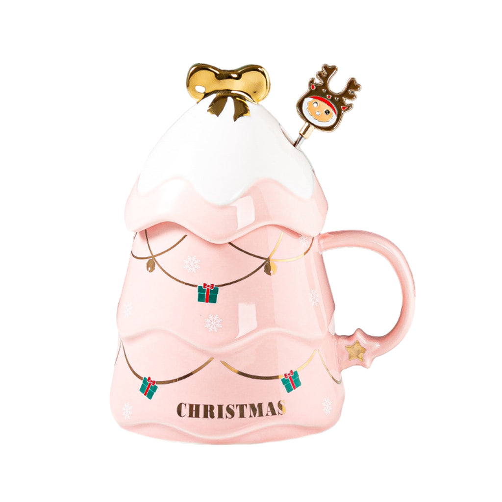 1PC Cartoon Christmas Tree Coffee Mug with Lid and Spoon for Home Office pink