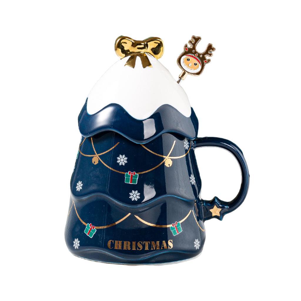 1PC Cartoon Christmas Tree Coffee Mug with Lid and Spoon for Home Office blue