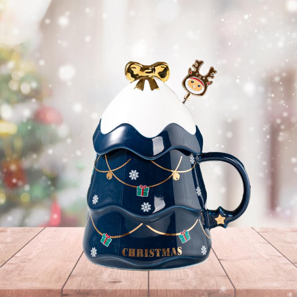 1PC Cartoon Christmas Tree Coffee Mug with Lid and Spoon for Home Office blue