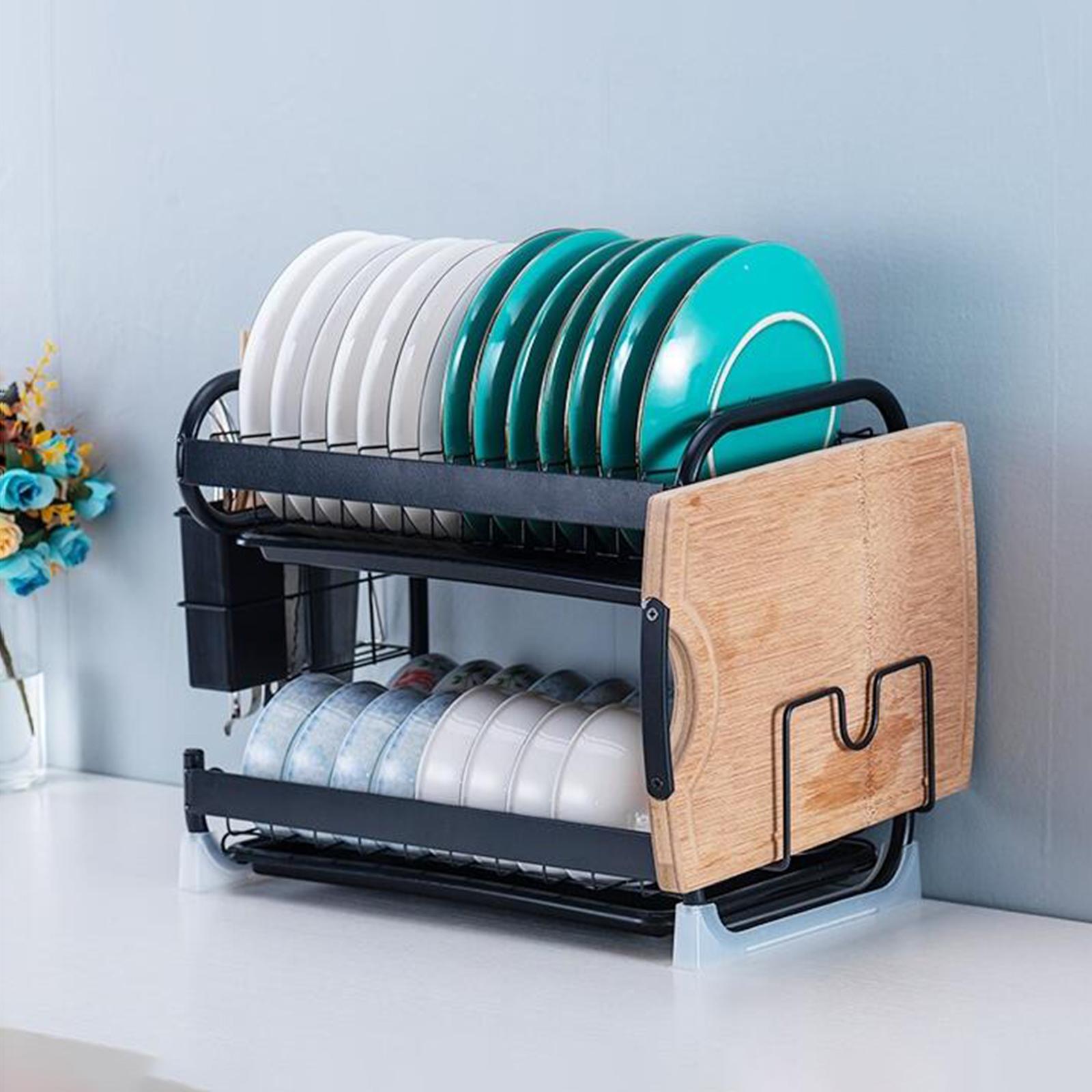 2 Tier with Utensil Knife Cutting Board Holder Dish Drying Rack for Kitchen