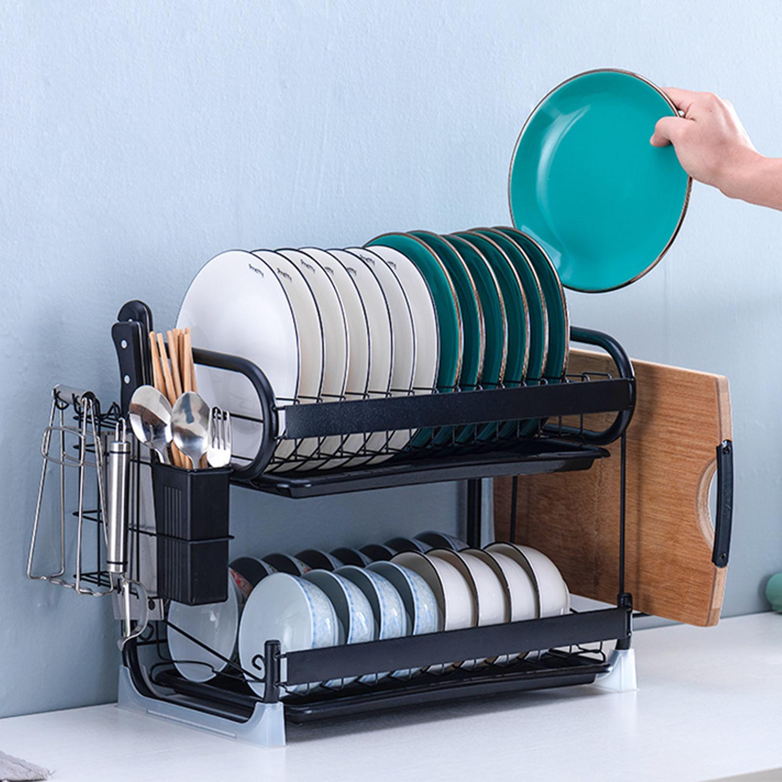 2 Tier with Utensil Knife Cutting Board Holder Dish Drying Rack for Kitchen