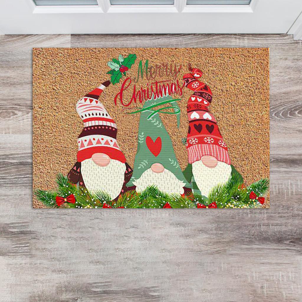 Santa Claus Christmas Mat Gift Non Slip Doormat for New Year Front Door Home Mid santa  green hat