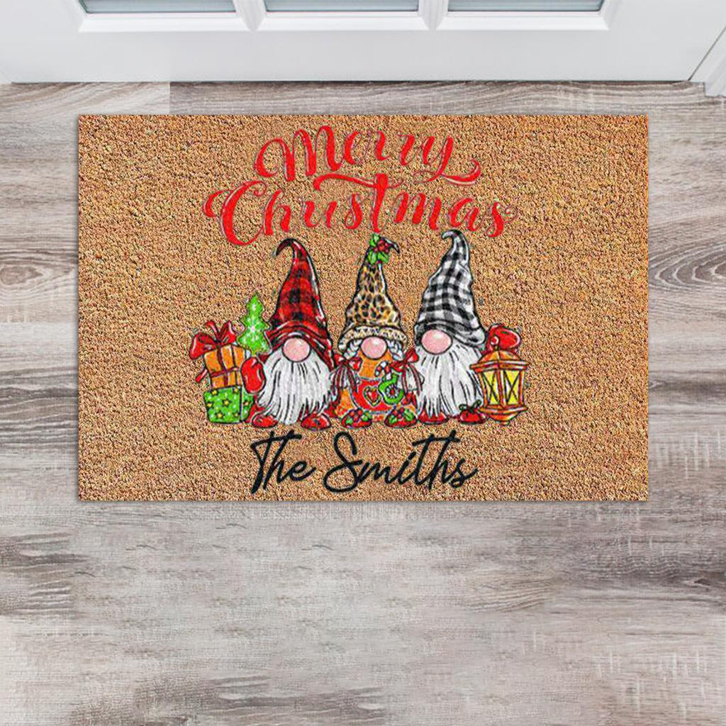 Santa Claus Christmas Mat Gift Non Slip Doormat for New Year Front Door Home Check Leopard Hat