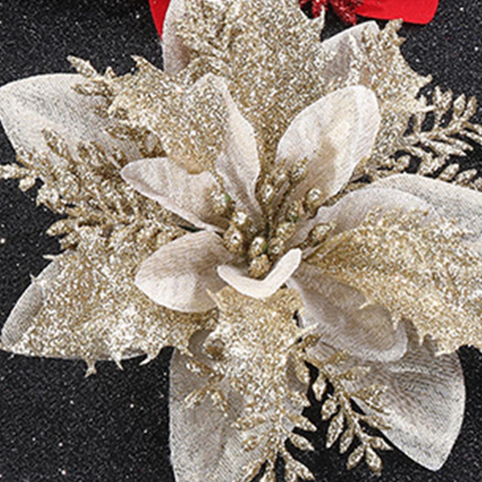 Poinsettia Decoration Ornament Artificial Flower for Christmas Rattans White Gold