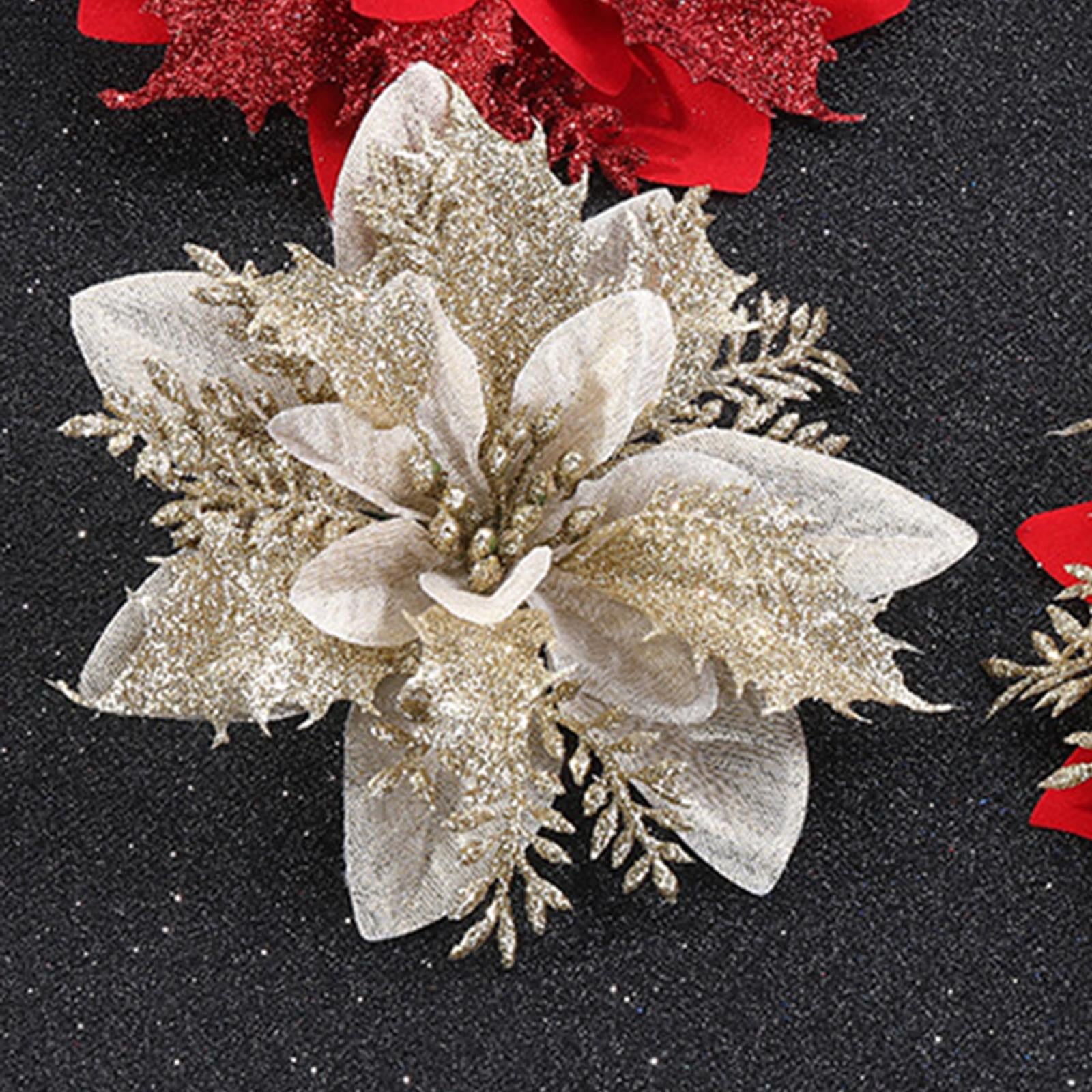 Poinsettia Decoration Ornament Artificial Flower for Christmas Rattans White Gold