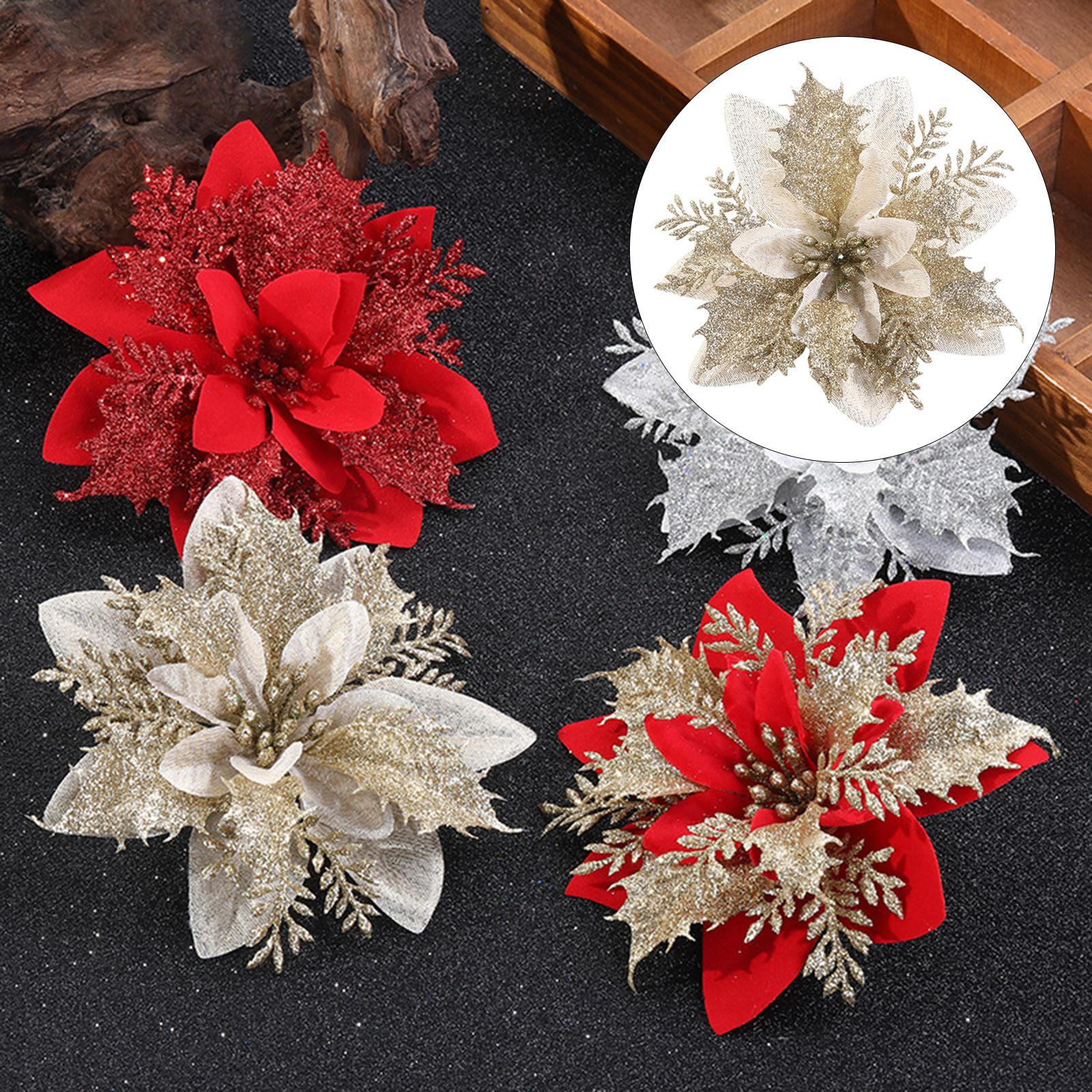 Poinsettia Decoration Ornament Artificial Flower for Christmas Rattans White Gold