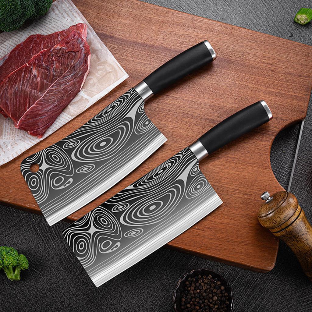 Knife Set with Block Damascus Pattern with Sharpener Cleaver for Kitchen