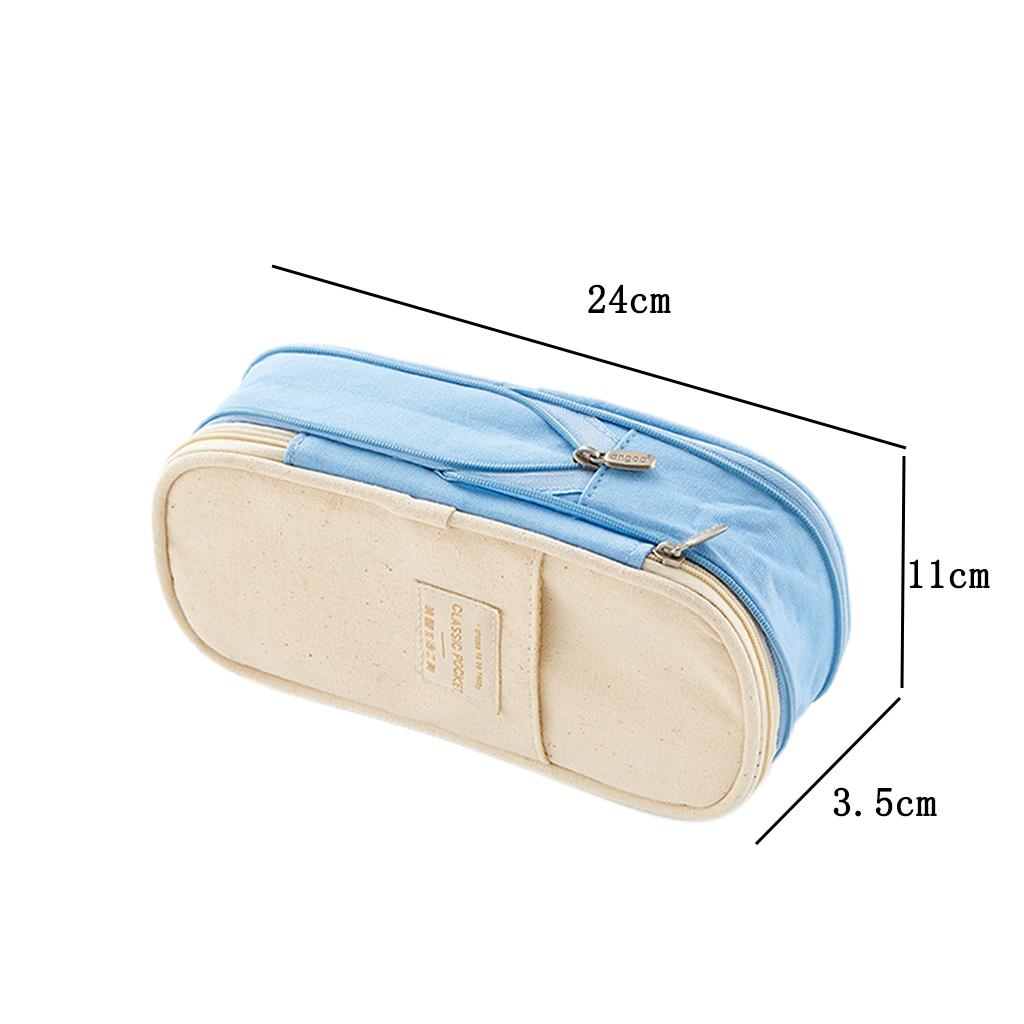 Classic Pocket Pen Pencil Case Stationery Bag for Students Light Blue Beige