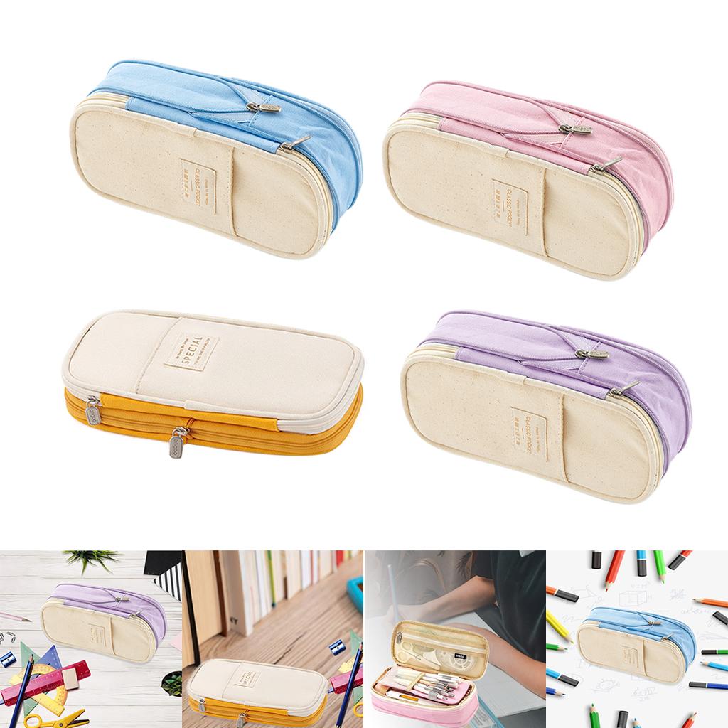 Classic Pocket Pen Pencil Case Stationery Bag for Students Light Blue Beige