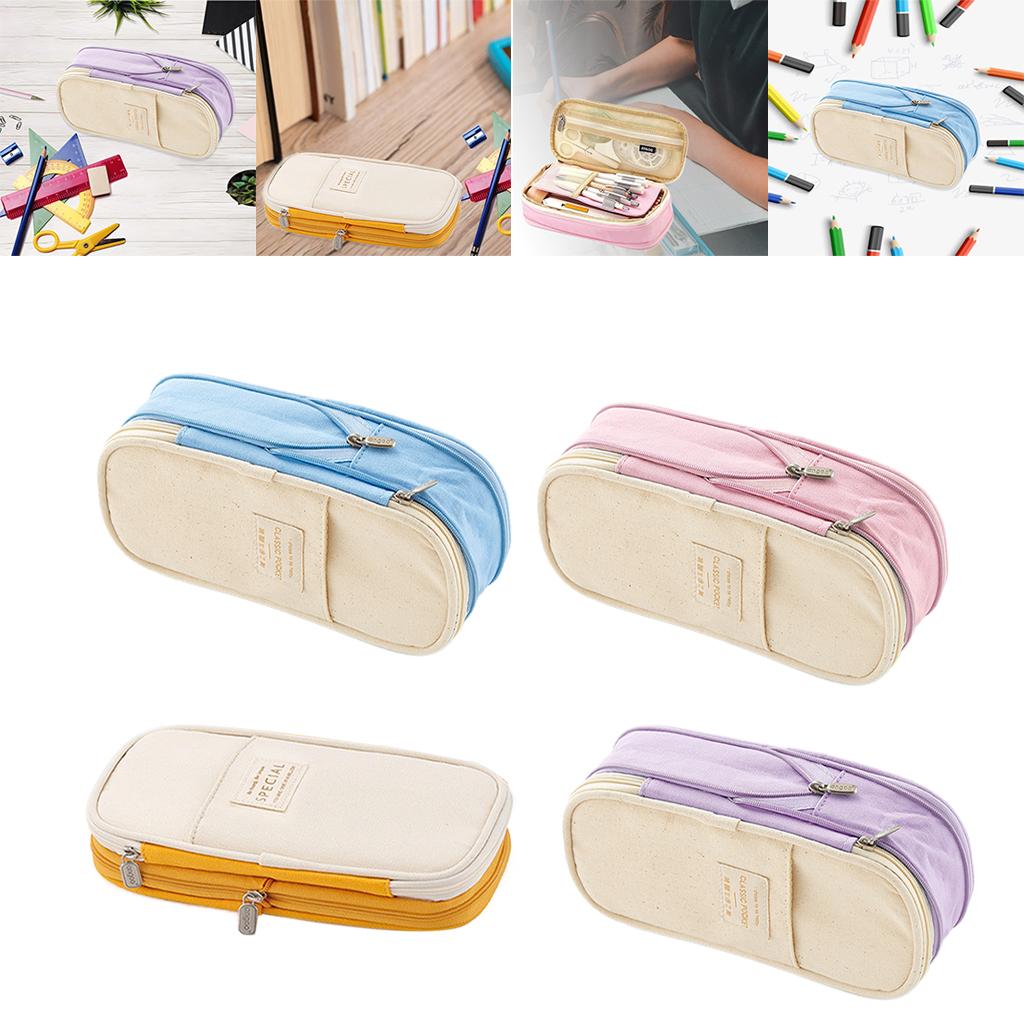 Classic Pocket Pen Pencil Case Stationery Bag for Students Light Blue Beige