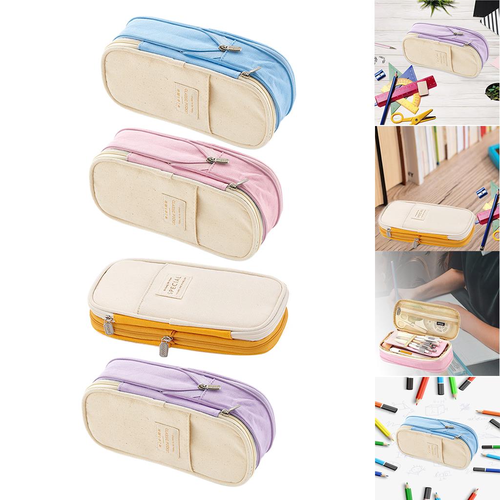 Classic Pocket Pen Pencil Case Stationery Bag for Students Light Blue Beige