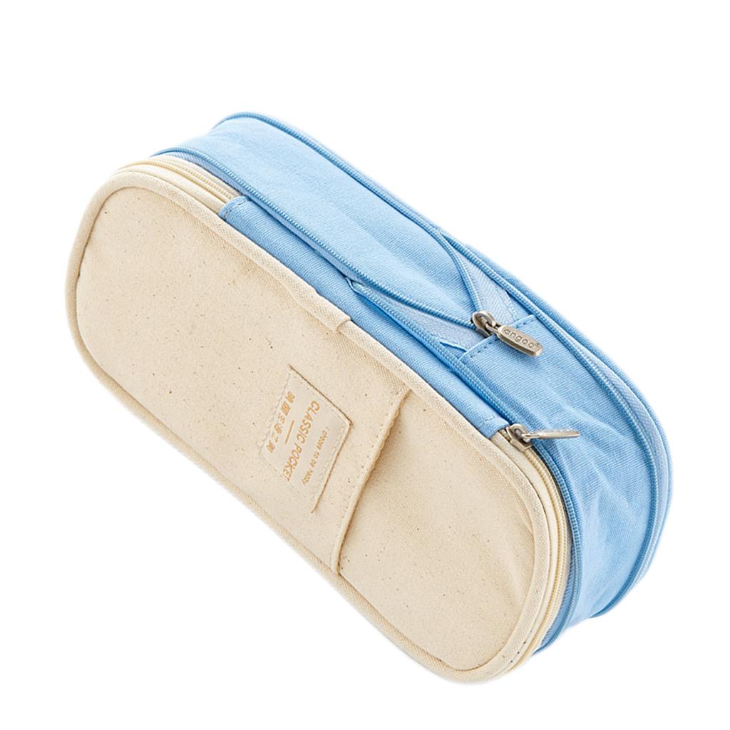 Classic Pocket Pen Pencil Case Stationery Bag for Students Light Blue Beige