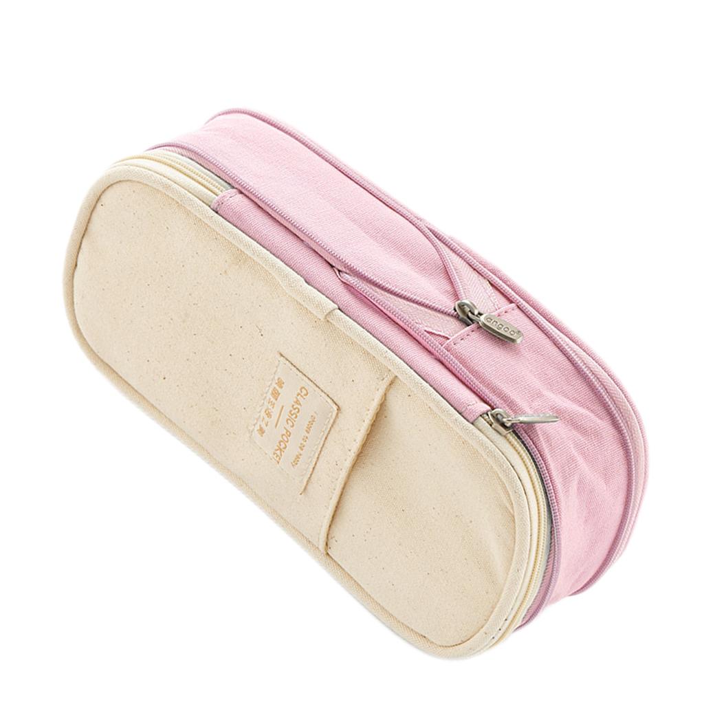 Classic Pocket Pen Pencil Case Stationery Bag for Students Pink Beige