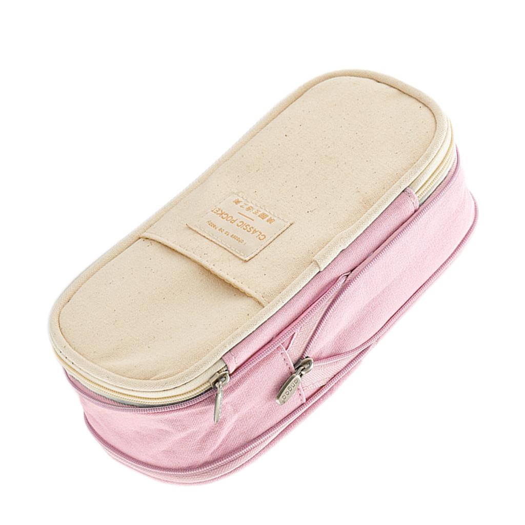 Classic Pocket Pen Pencil Case Stationery Bag for Students Pink Beige