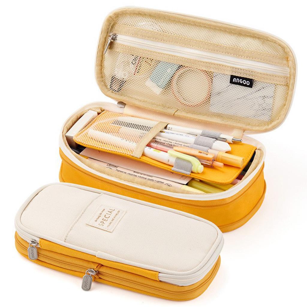 Classic Pocket Pen Pencil Case Stationery Bag for Students Yellow Beige