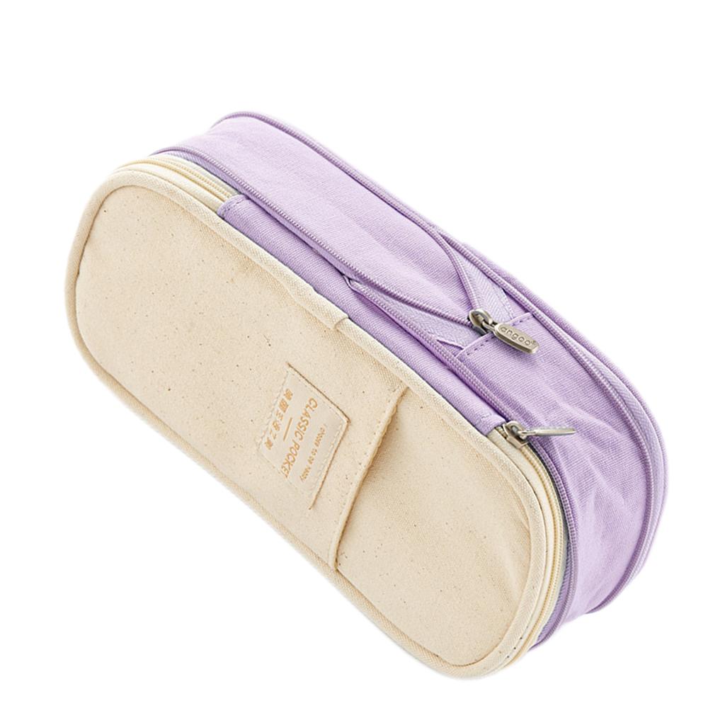 Classic Pocket Pen Pencil Case Stationery Bag for Students Purple Beige