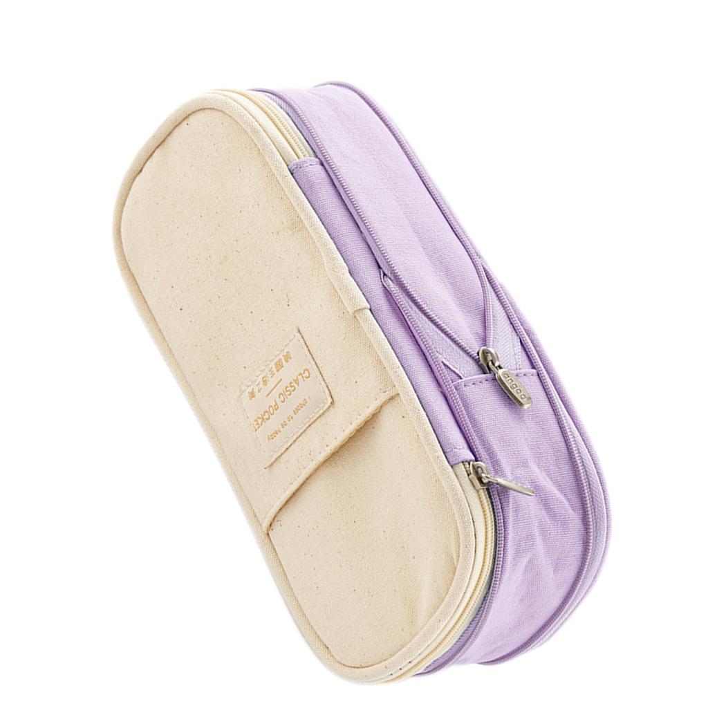 Classic Pocket Pen Pencil Case Stationery Bag for Students Purple Beige