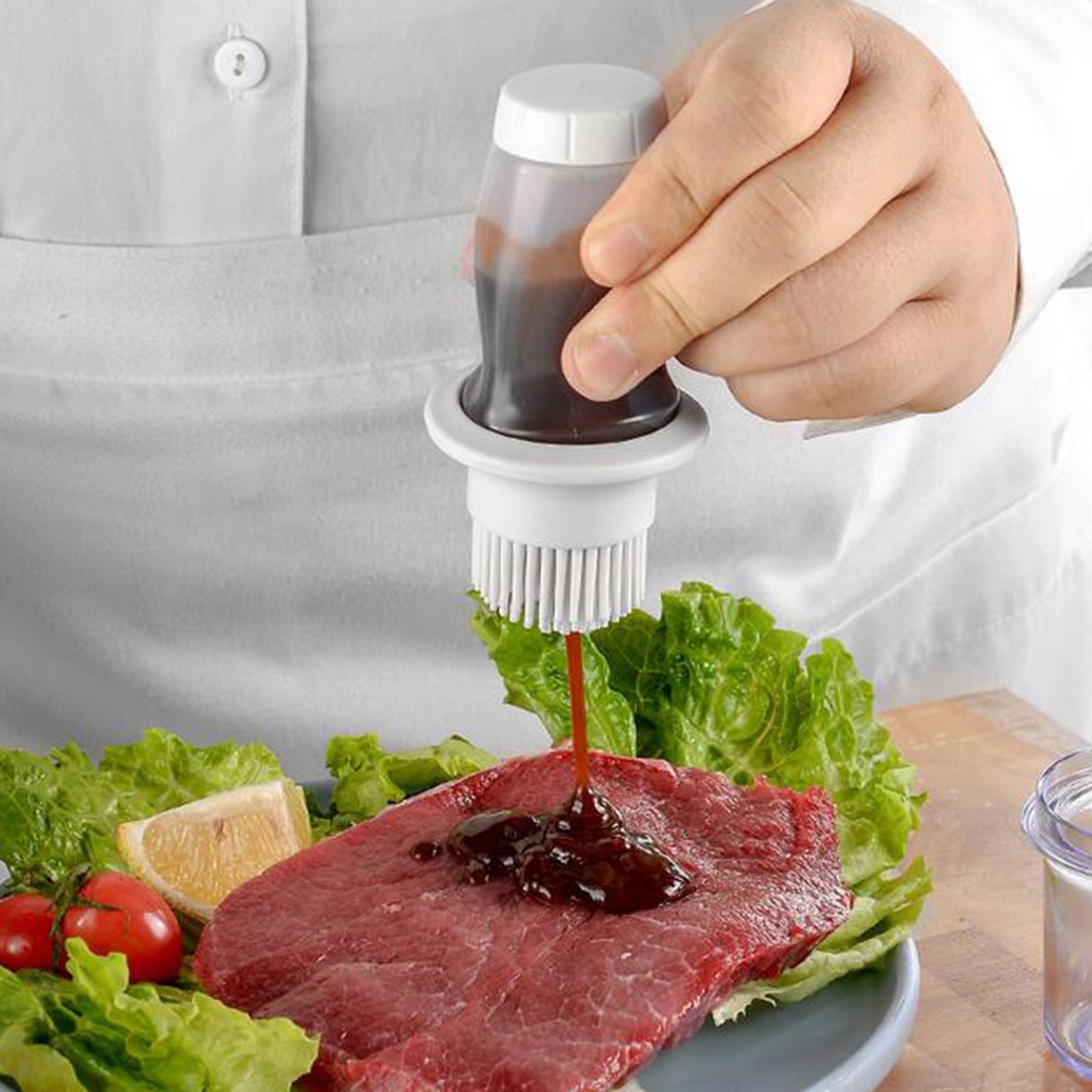 Barbecue Bottle with Brush Oil Brush Silicone Baking BBQ Tools  Gray White