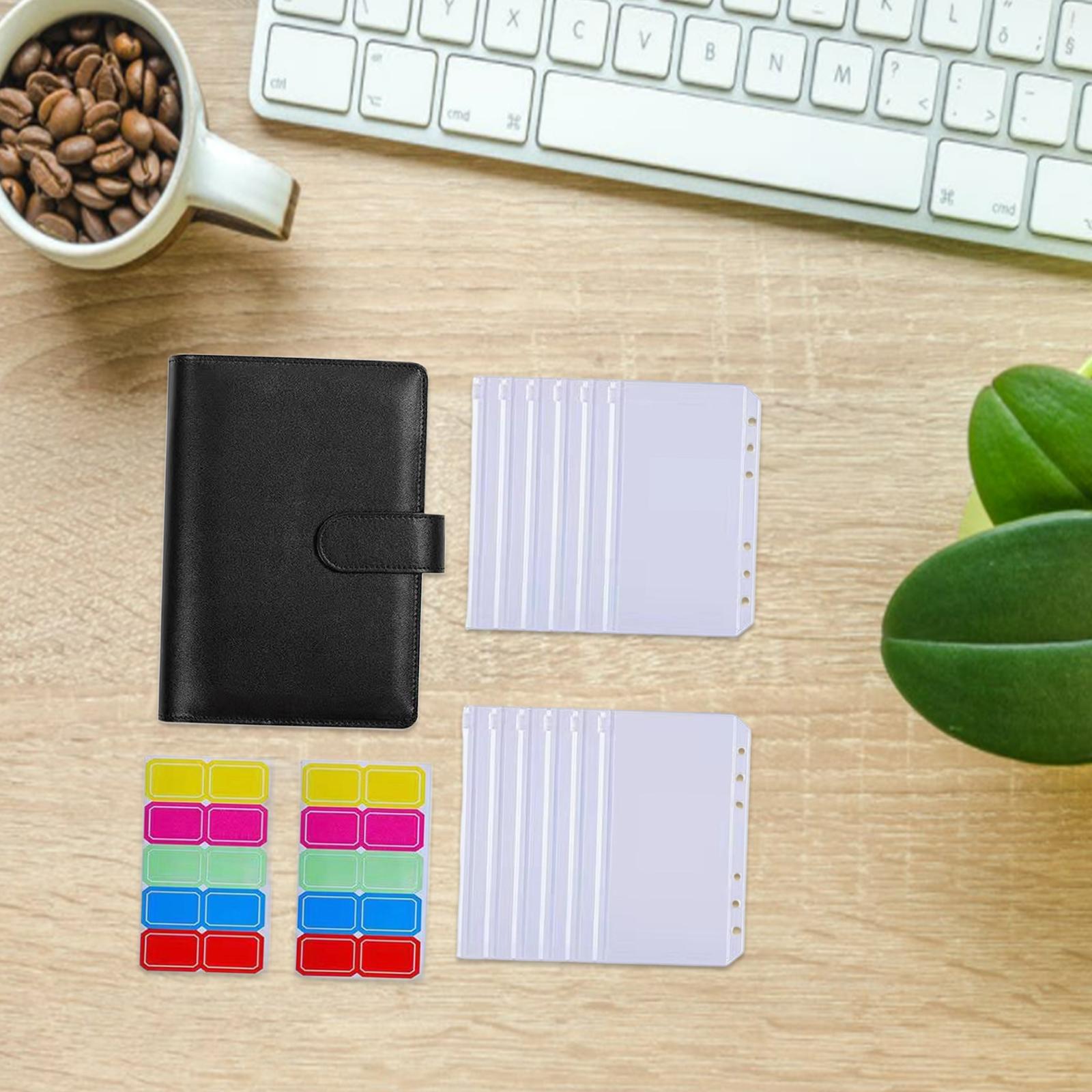PU Leather Notebook Binder Budget Binder with Label Stickers for Cash Bills Black