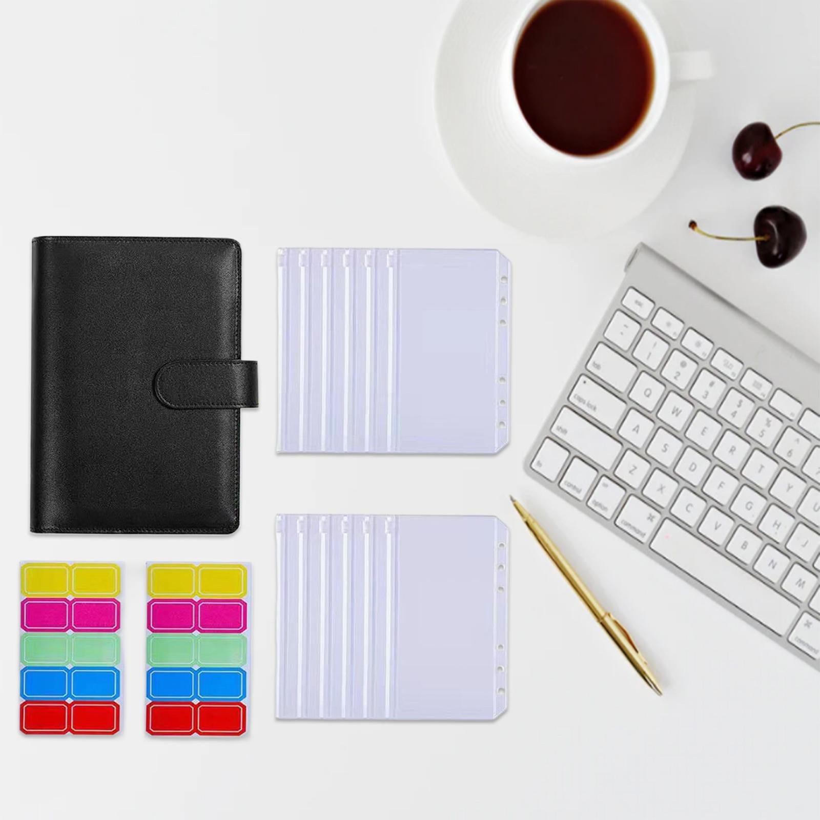 PU Leather Notebook Binder Budget Binder with Label Stickers for Cash Bills Black