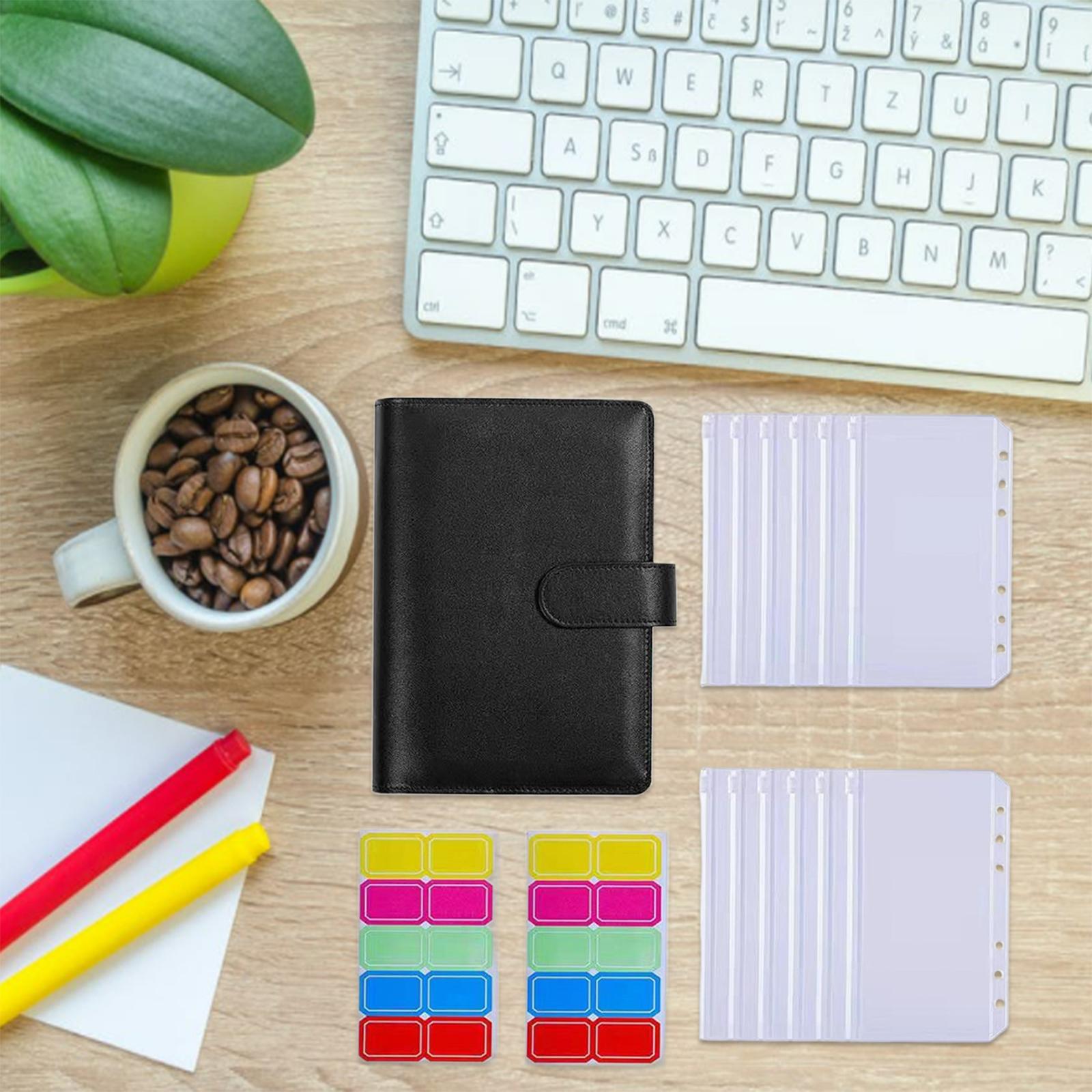 PU Leather Notebook Binder Budget Binder with Label Stickers for Cash Bills Black