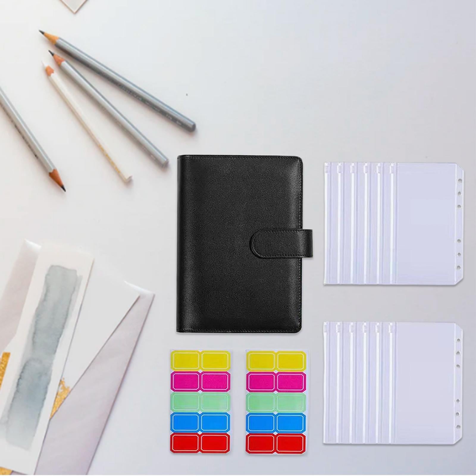 PU Leather Notebook Binder Budget Binder with Label Stickers for Cash Bills Black