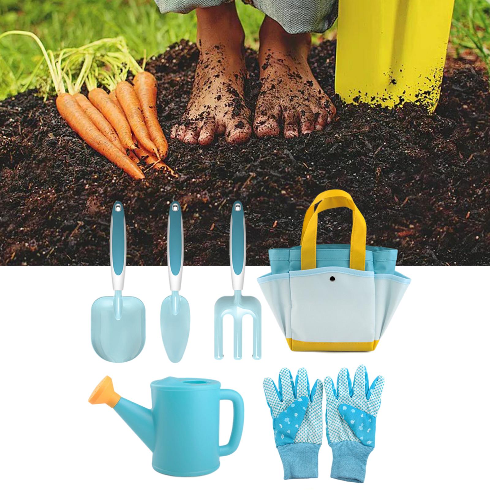 Childrens Gardening Tools Set Shovel Rake Trowel Gloves Watering Can Accs 6pcs