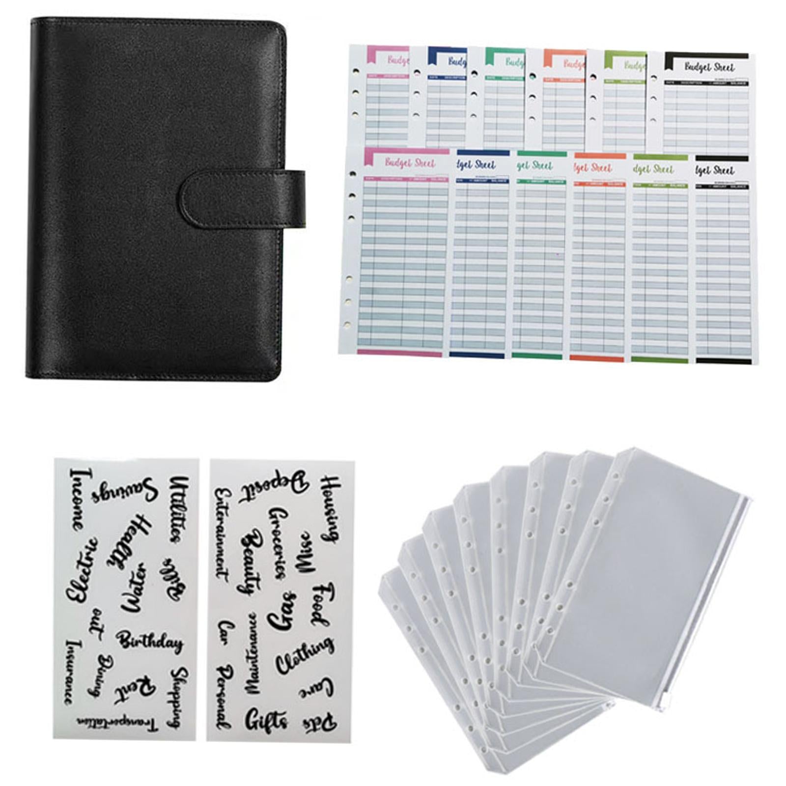 PU Leather A6 Notebook Binder Budget Binder 8 Binder Pockets for Cash Bills Black