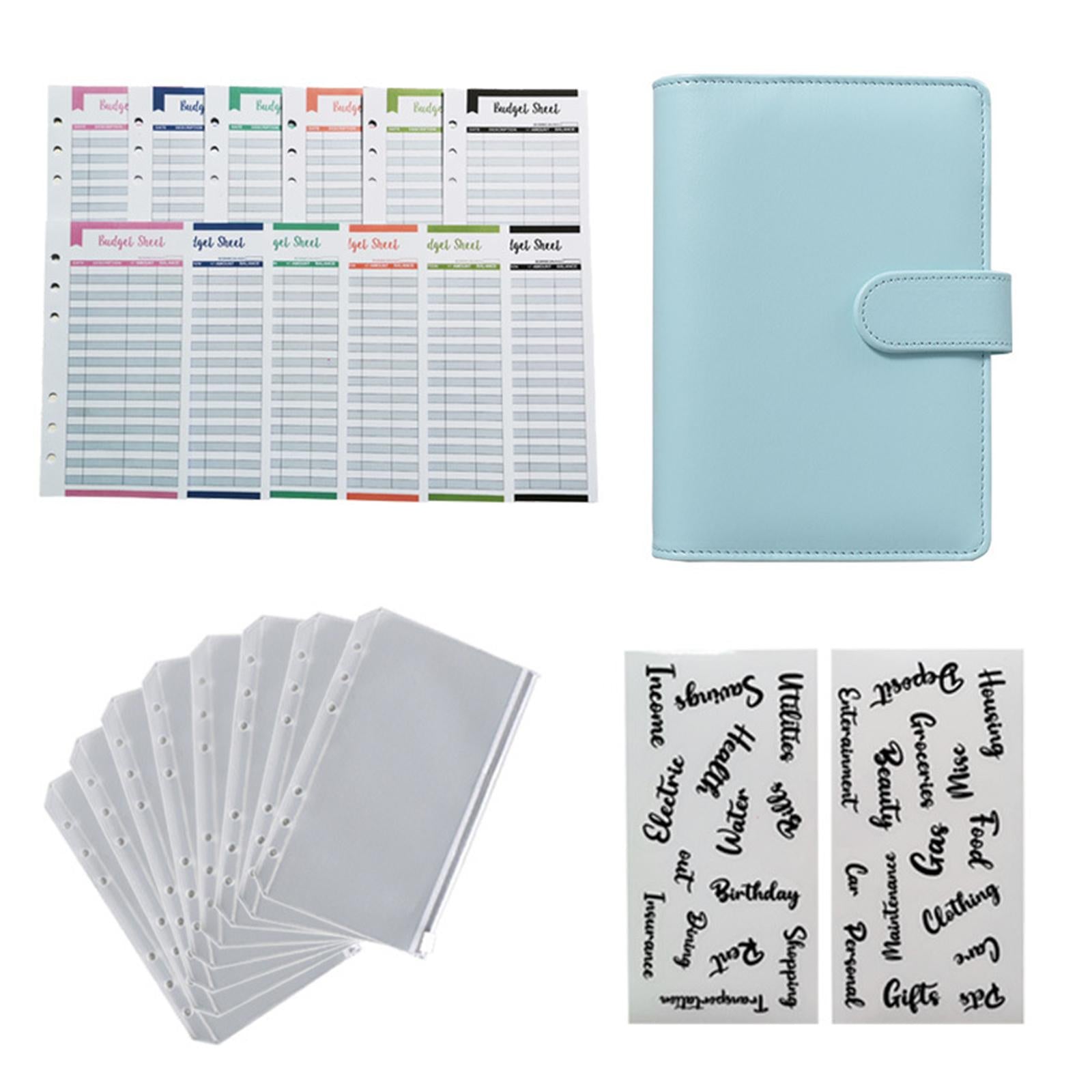 PU Leather A6 Notebook Binder Budget Binder 8 Binder Pockets for Cash Bills Light Blue