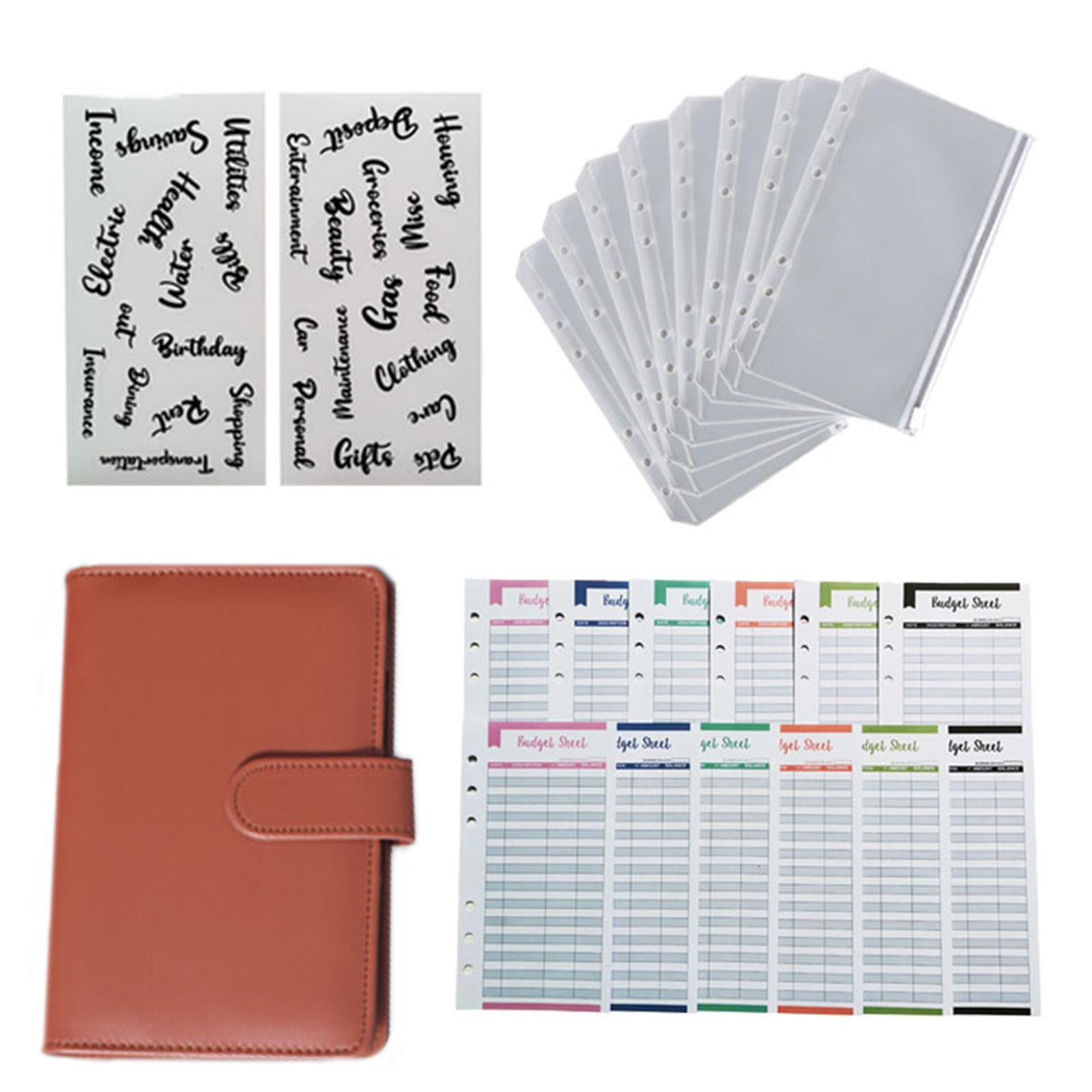 PU Leather A6 Notebook Binder Budget Binder 8 Binder Pockets for Cash Bills Brown