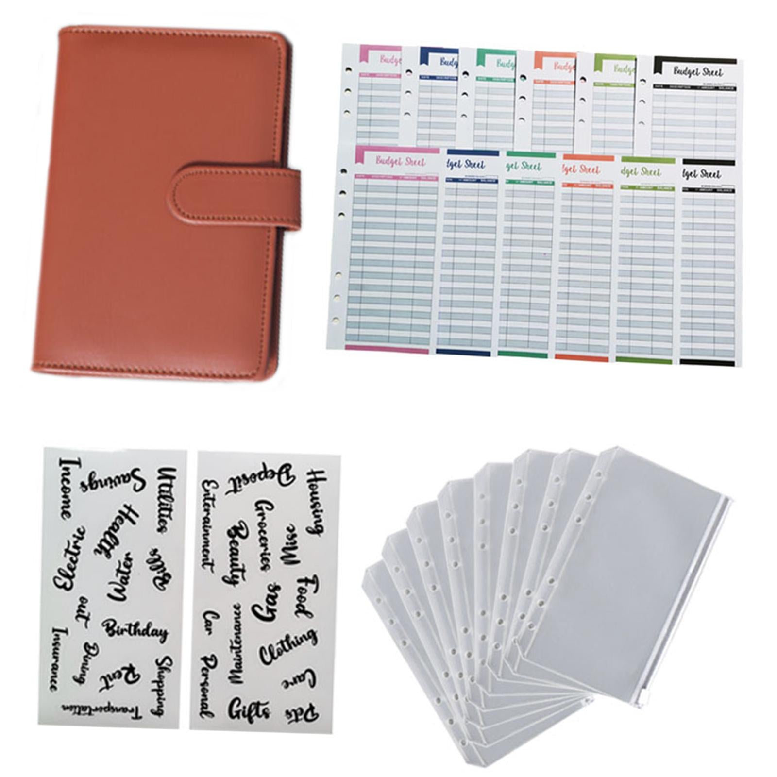 PU Leather A6 Notebook Binder Budget Binder 8 Binder Pockets for Cash Bills Brown