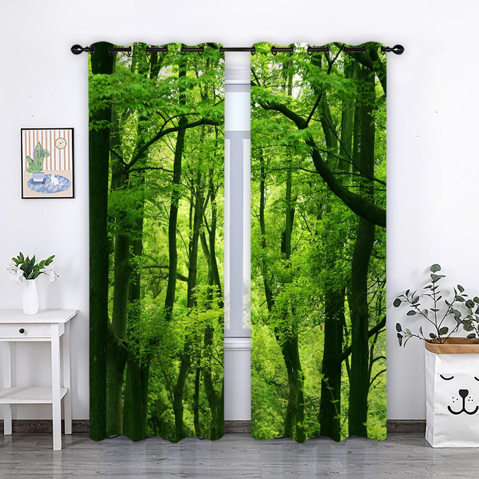 2 Panels Noise Reduction Blackout Curtains Forest Pattern Print Curtain A 210x230cm L