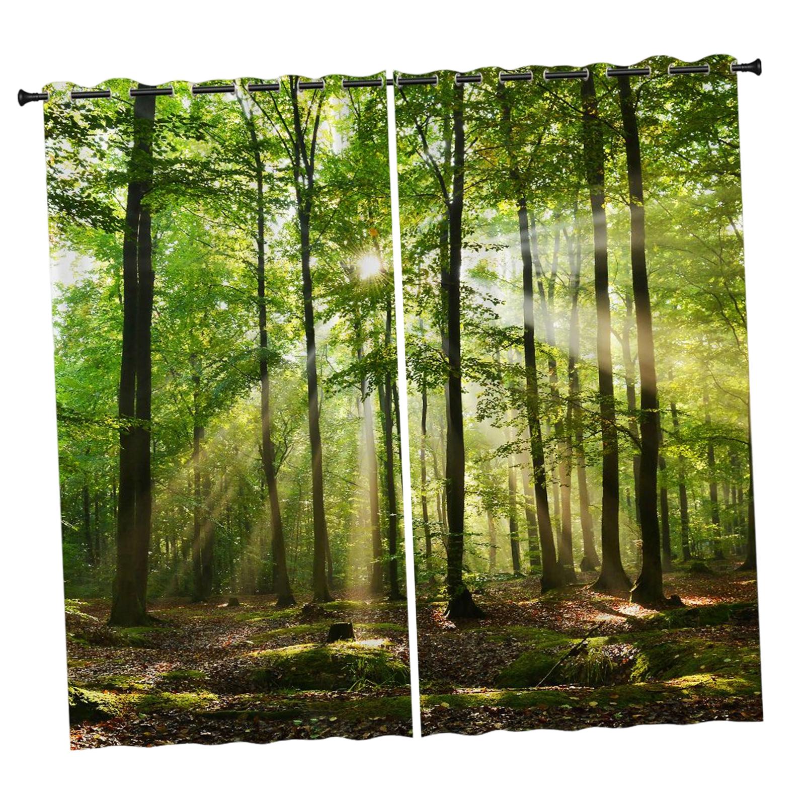 2 Panels Noise Reduction Blackout Curtains Forest Pattern Print Curtain B 150x166cm S