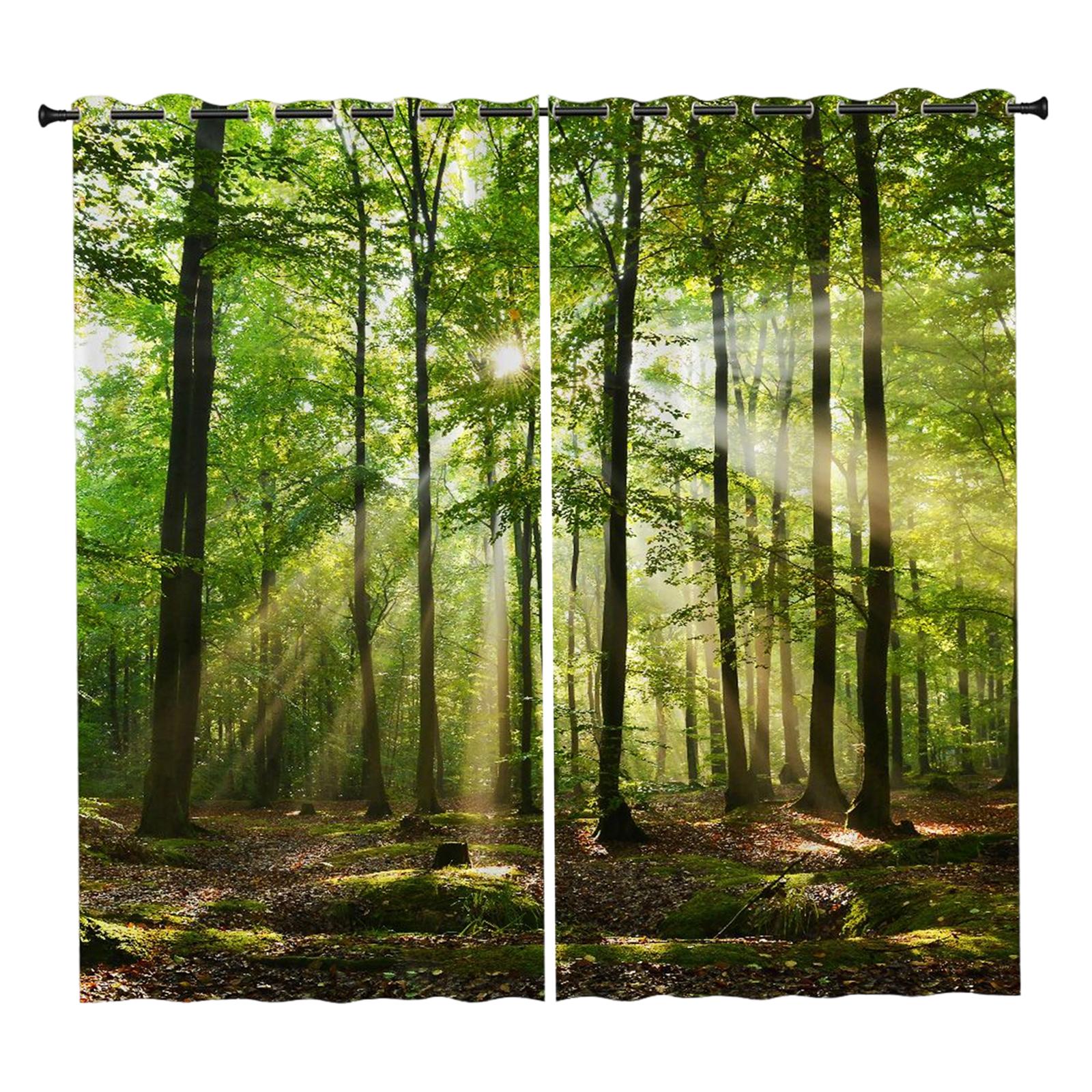 2 Panels Noise Reduction Blackout Curtains Forest Pattern Print Curtain B 150x166cm S