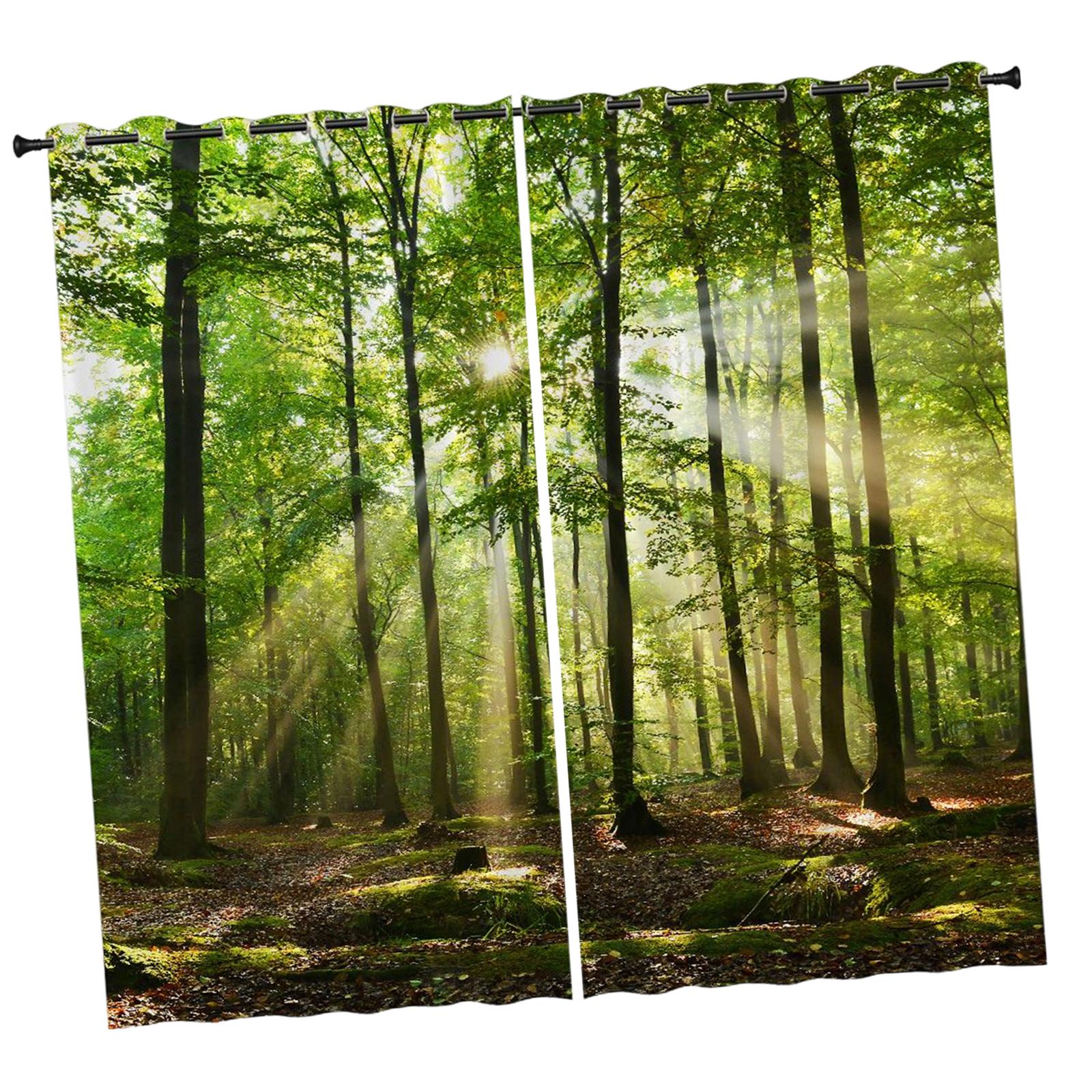 2 Panels Noise Reduction Blackout Curtains Forest Pattern Print Curtain B 150x166cm S