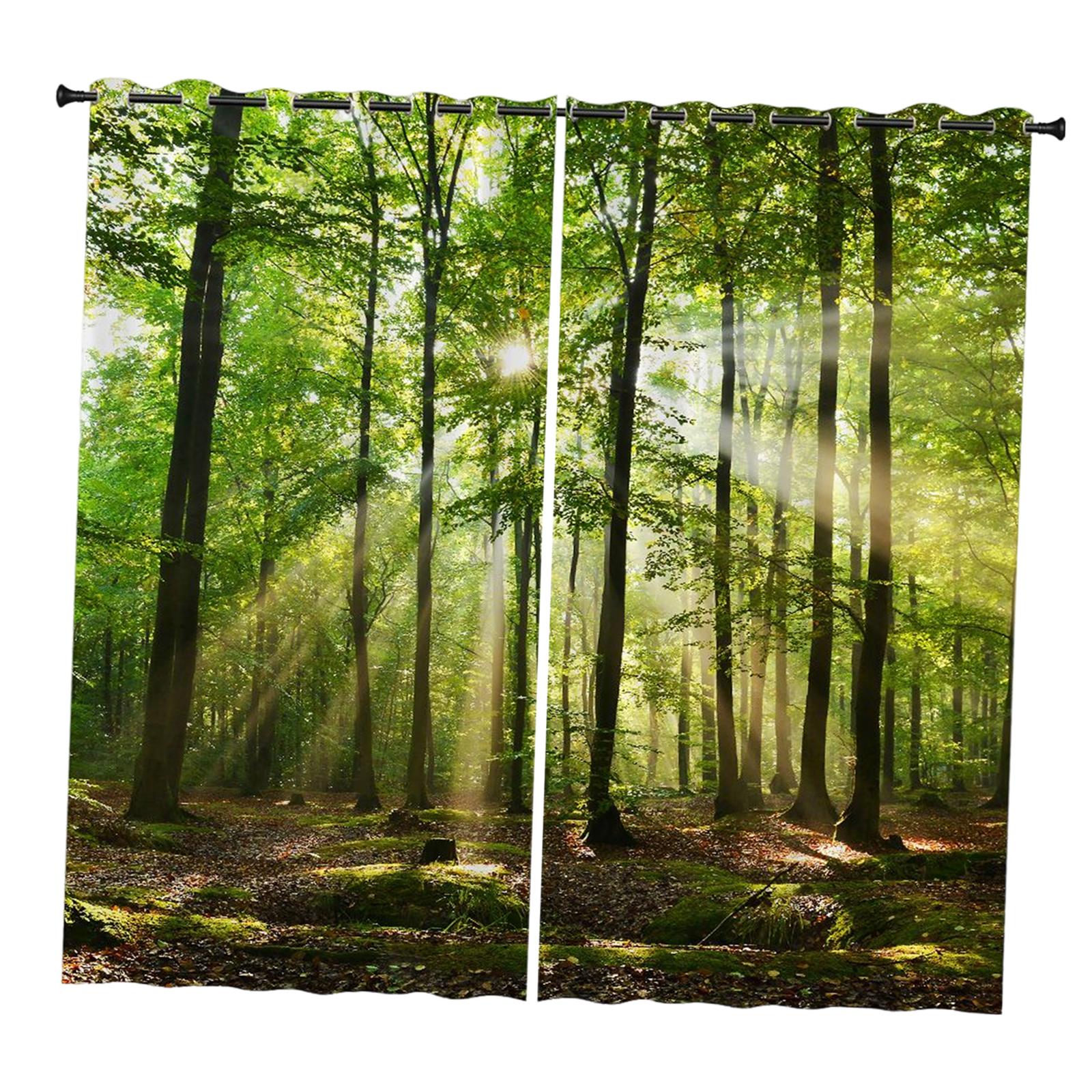 2 Panels Noise Reduction Blackout Curtains Forest Pattern Print Curtain B 150x166cm S