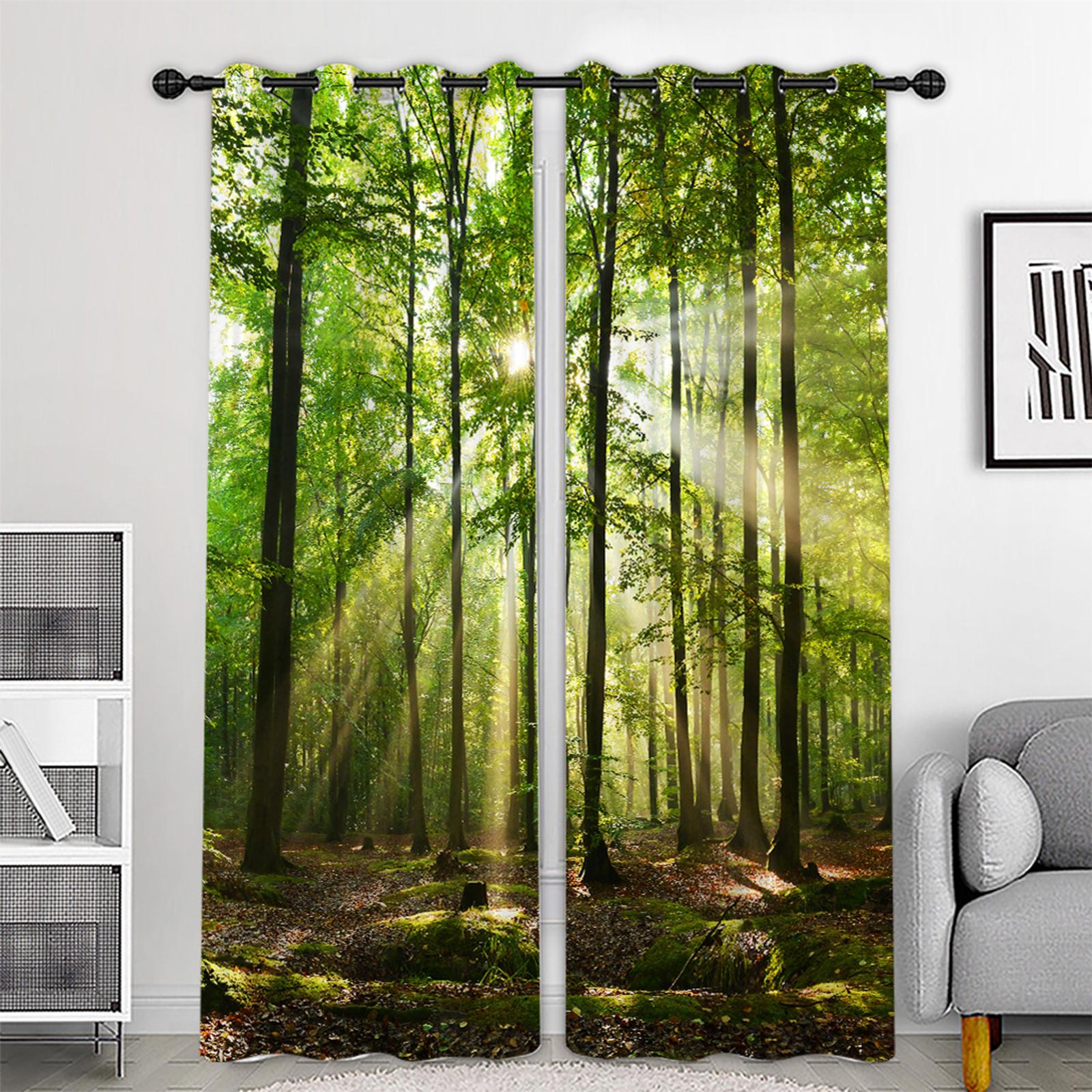 2 Panels Noise Reduction Blackout Curtains Forest Pattern Print Curtain B 150x166cm S