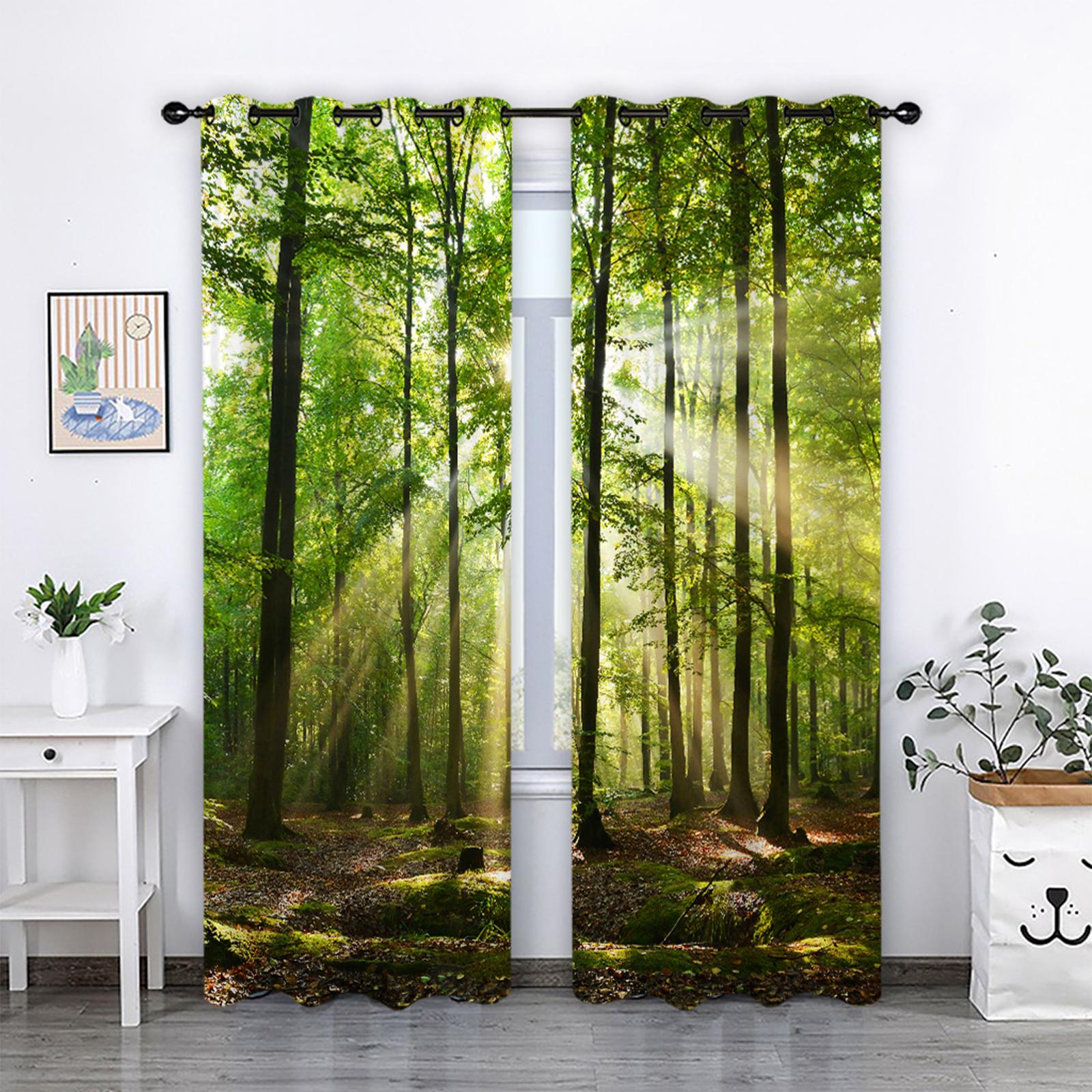 2 Panels Noise Reduction Blackout Curtains Forest Pattern Print Curtain B 150x166cm S