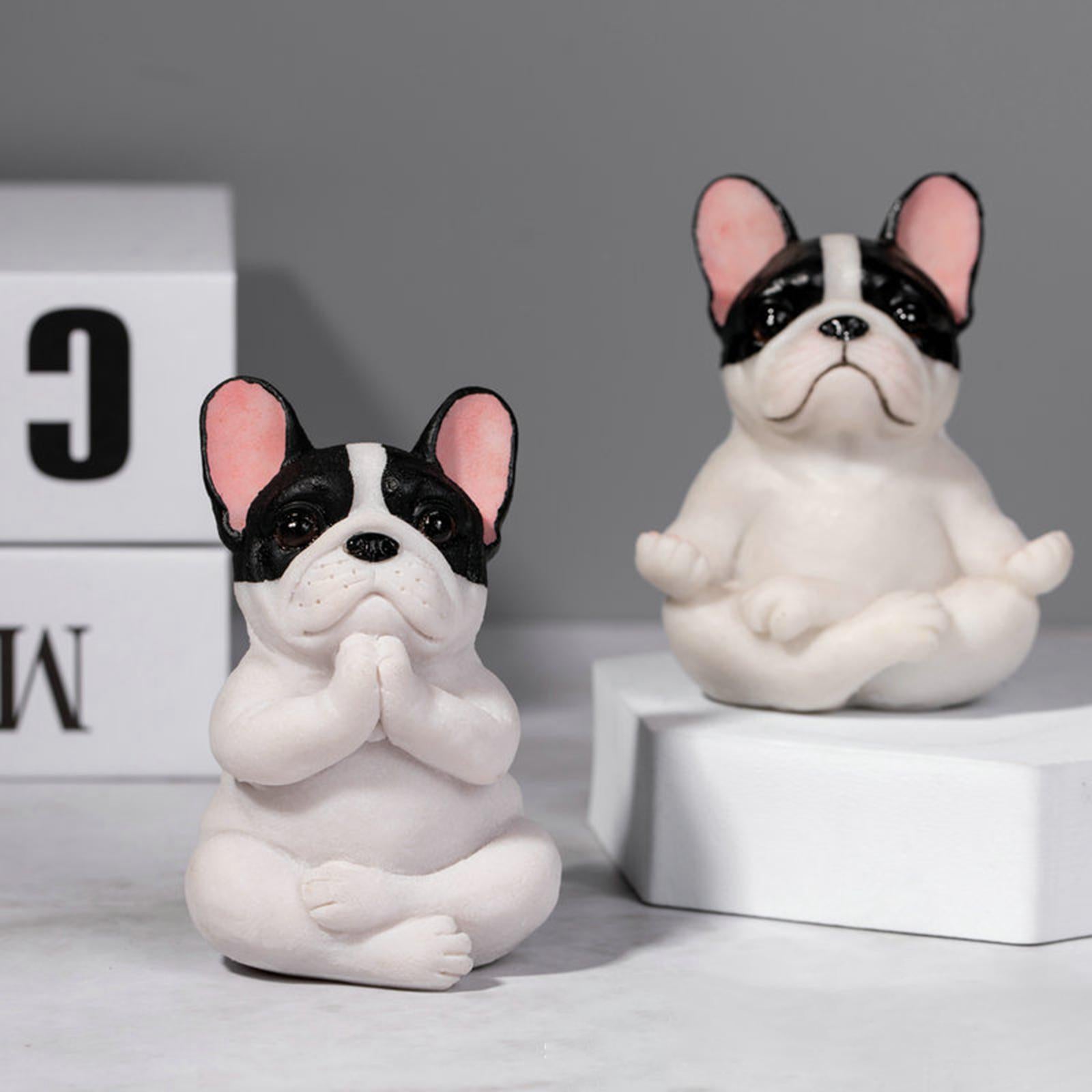 Simulation Bulldog Statue Yoga Dog Figurine Ornament White Black 7.5x9cm