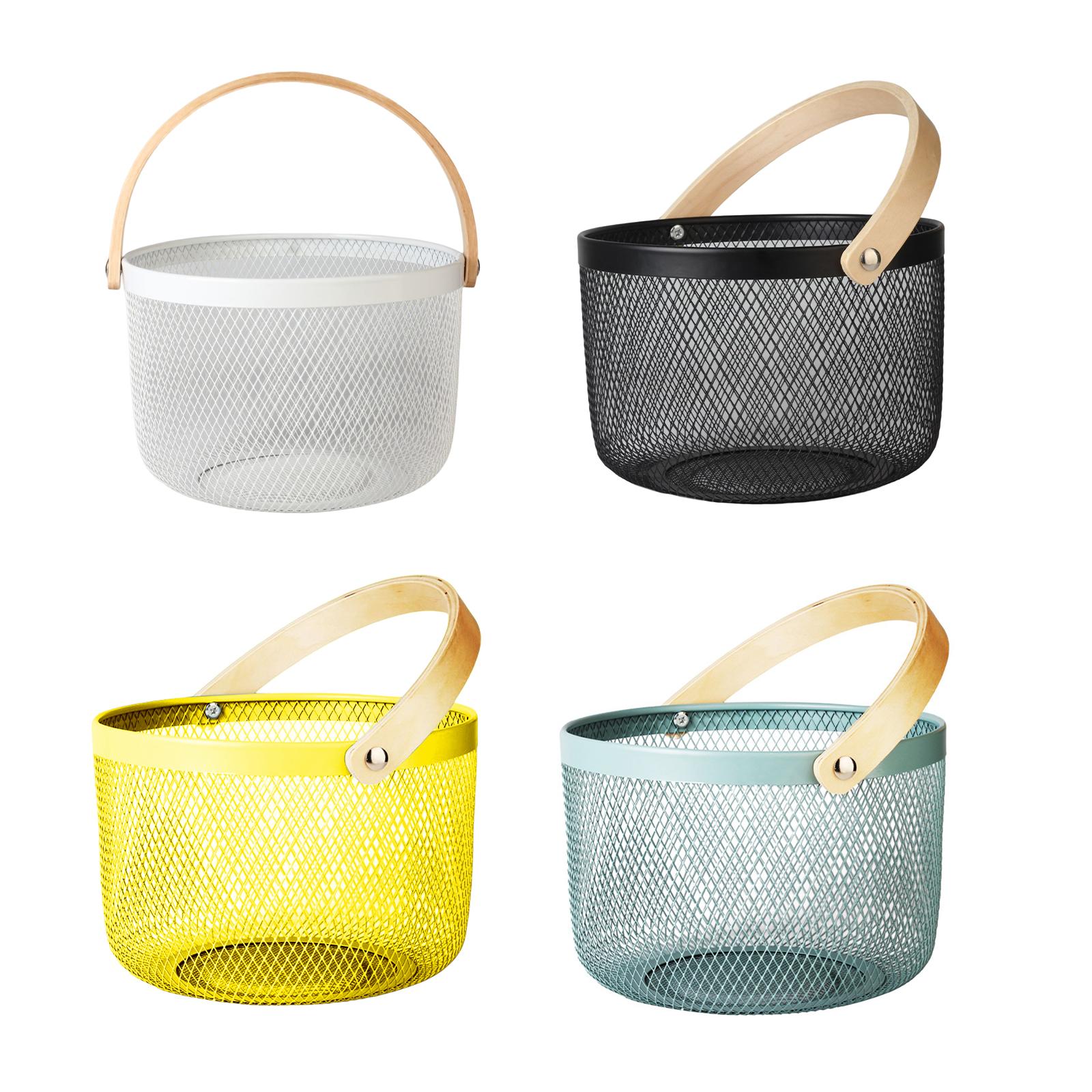 Iron Kitchen Storage Basket with Bamboo Handle for Shopping Entryway Office Yellow