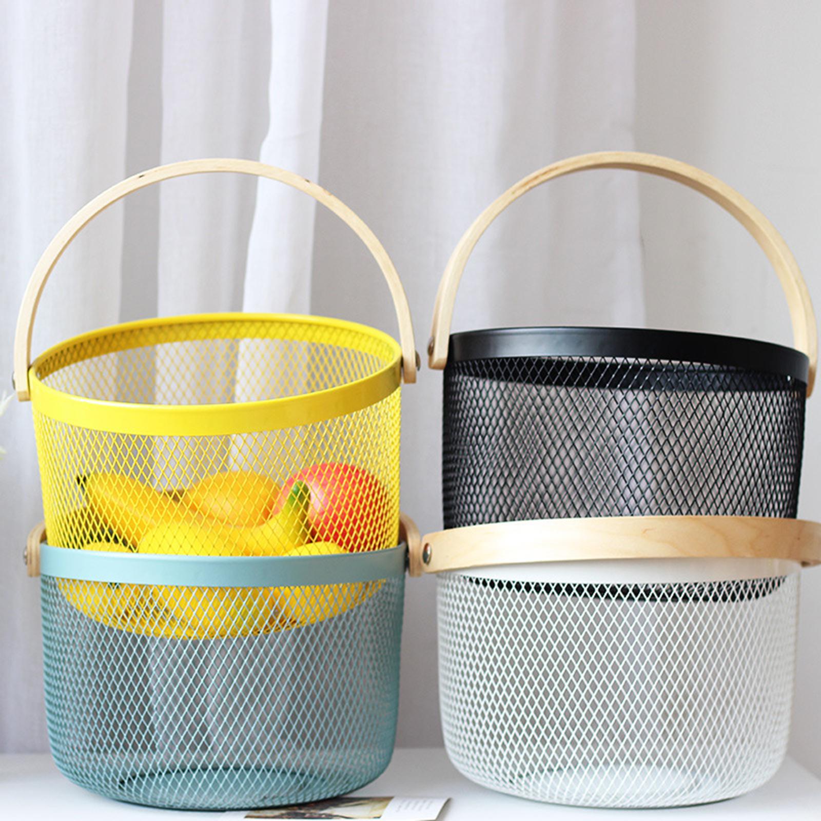 Iron Kitchen Storage Basket with Bamboo Handle for Shopping Entryway Office Yellow