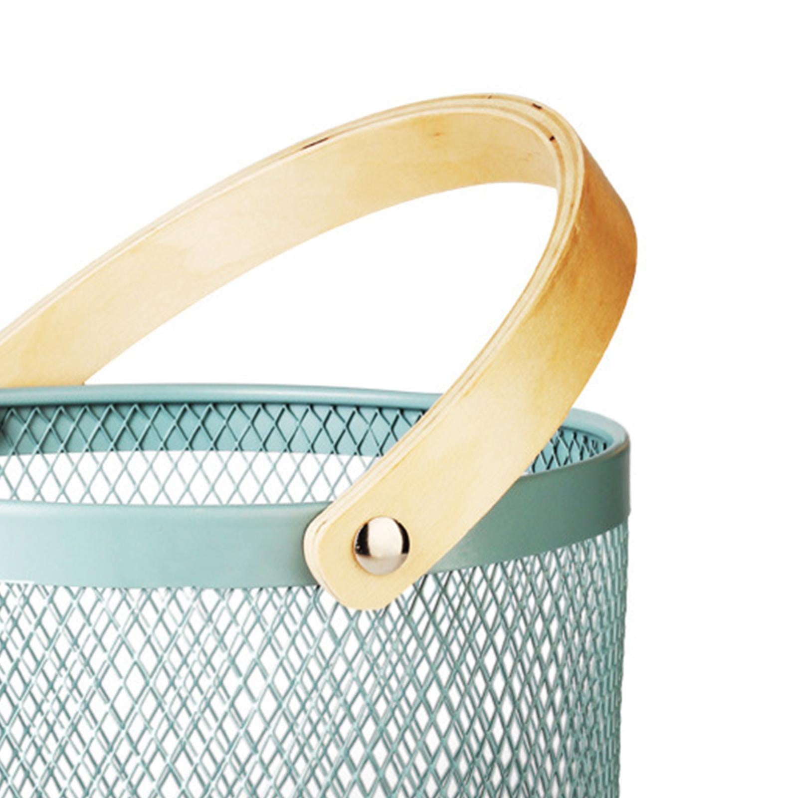 Iron Kitchen Storage Basket with Bamboo Handle for Shopping Entryway Office Gray Blue