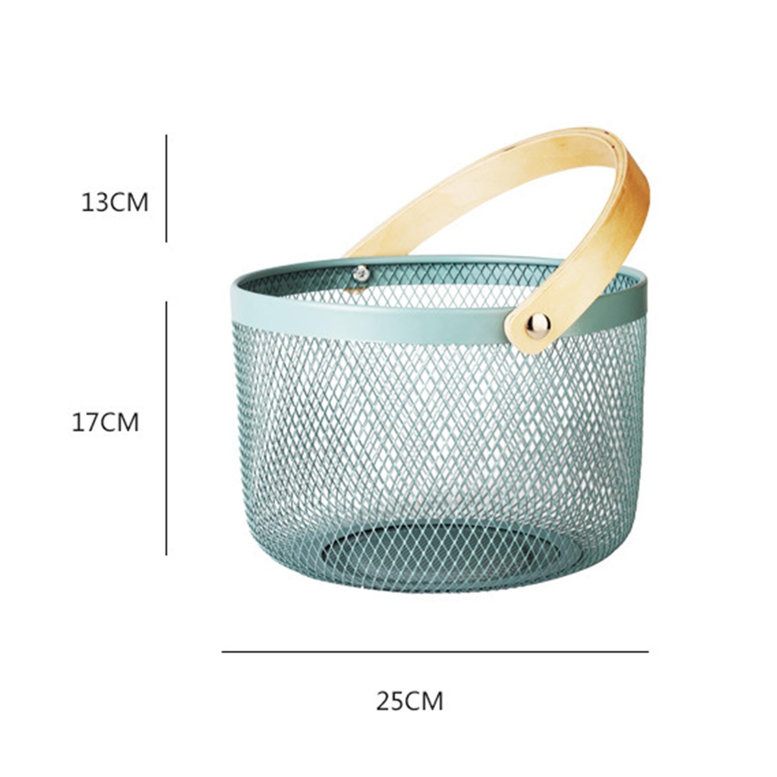 Iron Kitchen Storage Basket with Bamboo Handle for Shopping Entryway Office Gray Blue