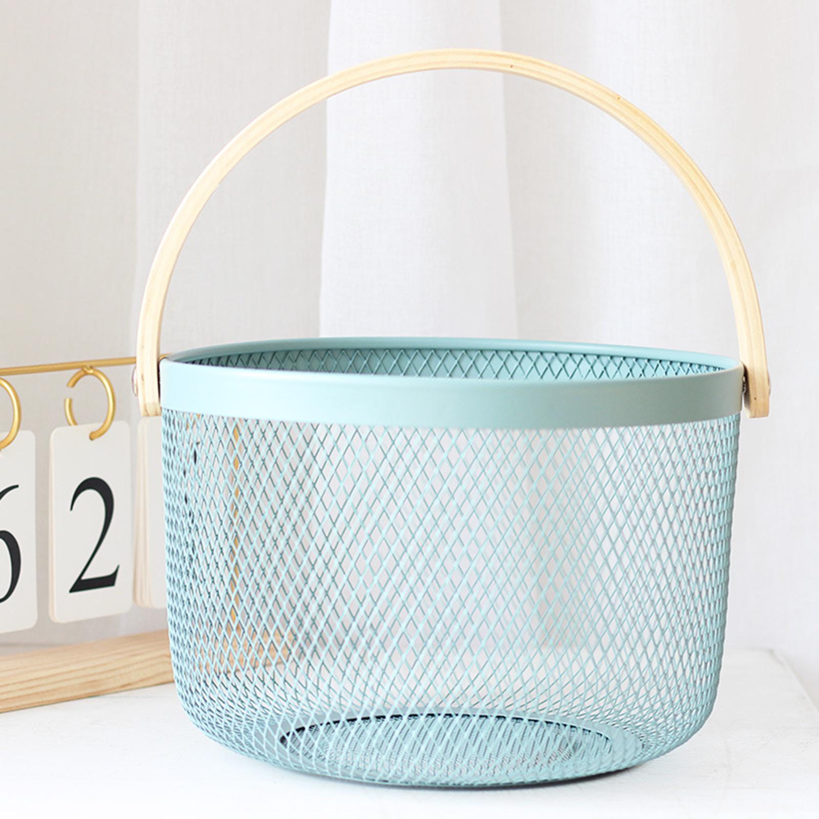 Iron Kitchen Storage Basket with Bamboo Handle for Shopping Entryway Office Gray Blue