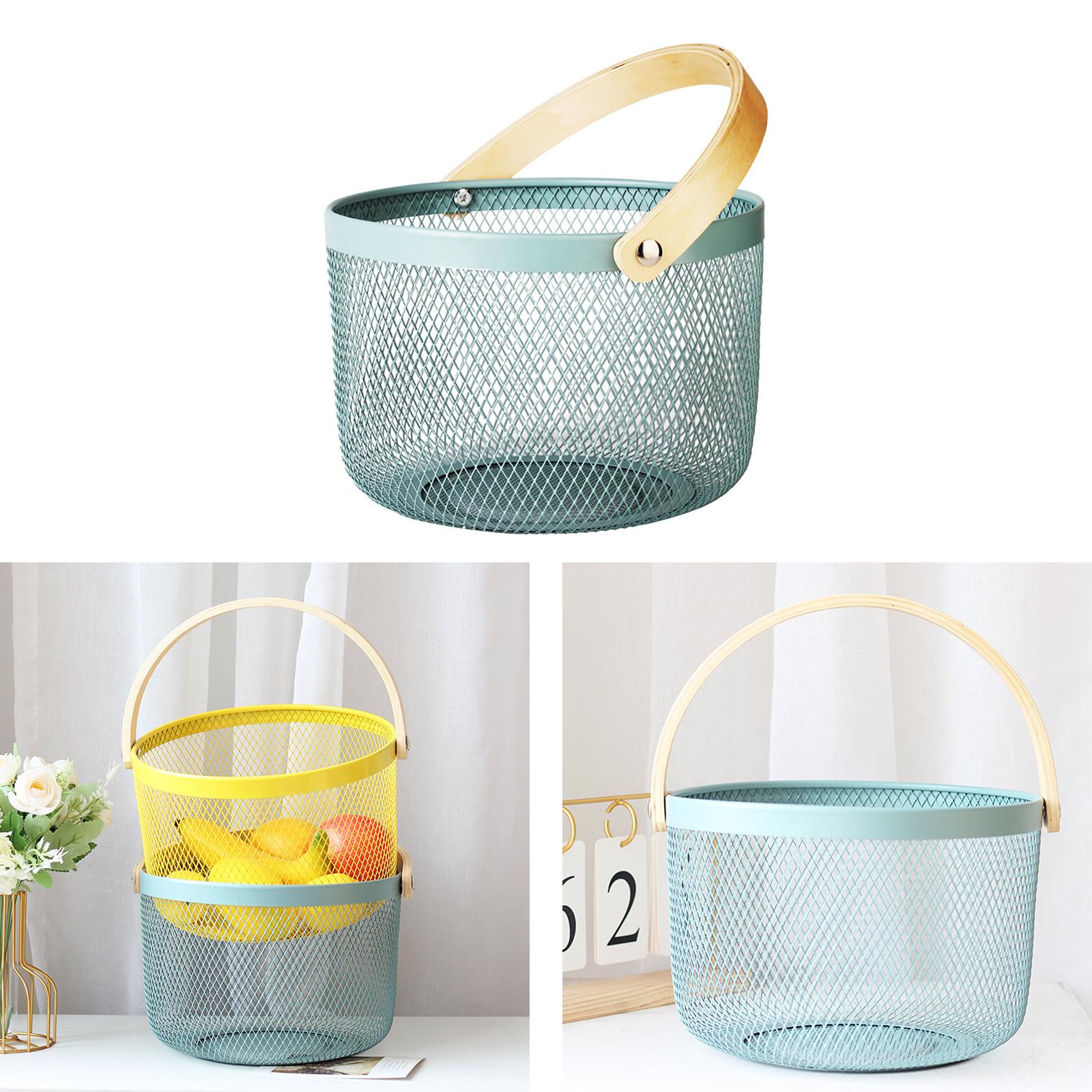 Iron Kitchen Storage Basket with Bamboo Handle for Shopping Entryway Office Gray Blue