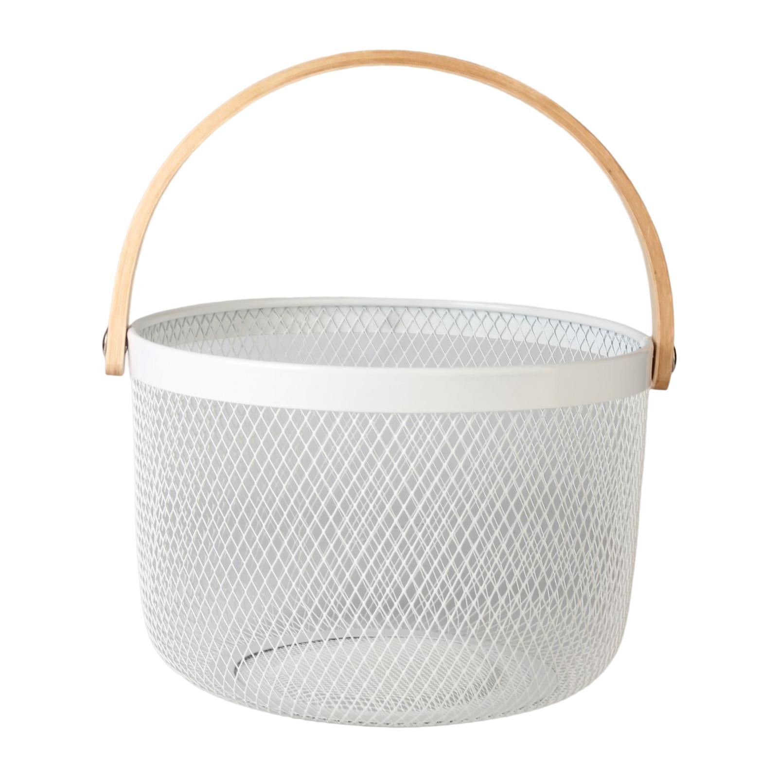 Iron Kitchen Storage Basket with Bamboo Handle for Shopping Entryway Office White