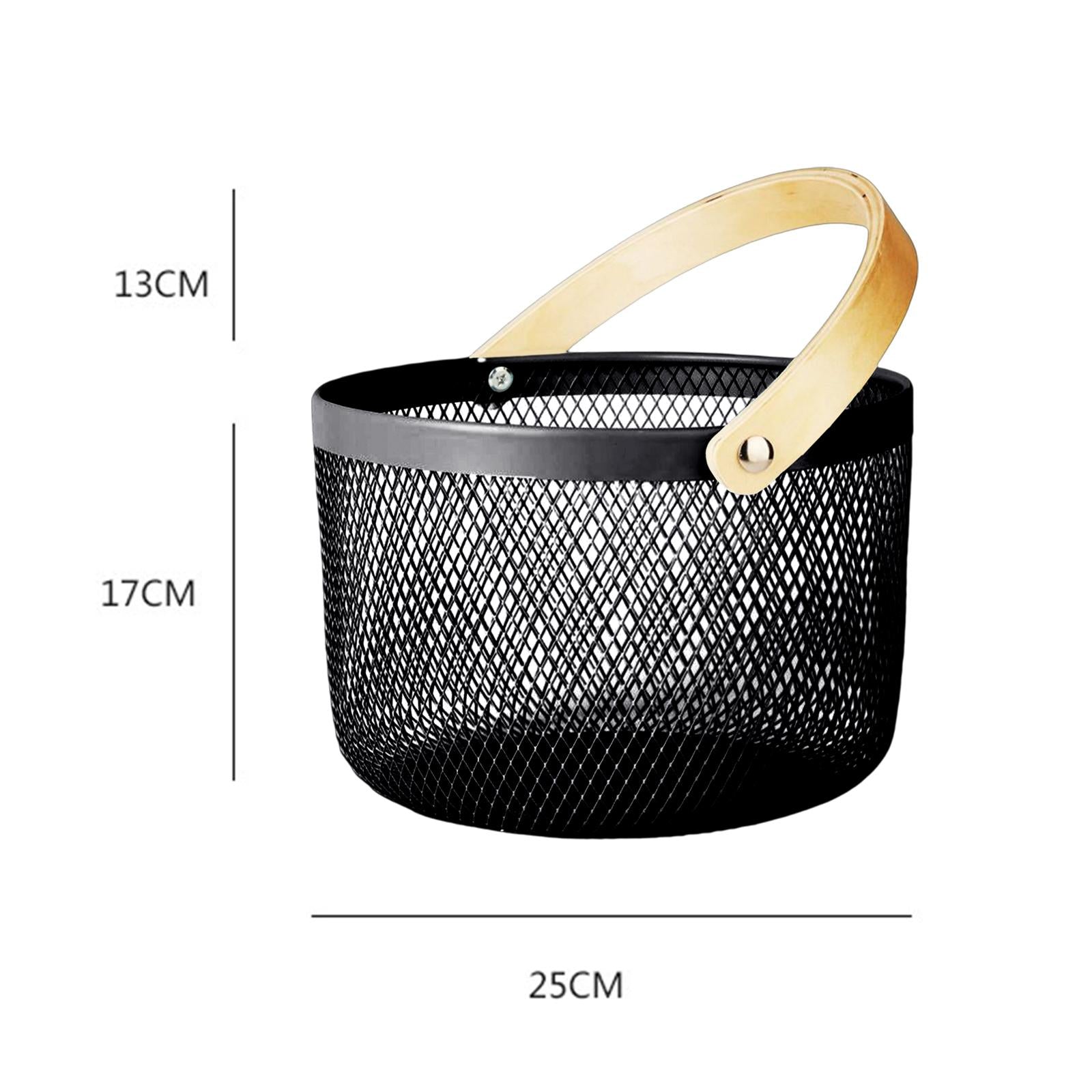 Iron Kitchen Storage Basket with Bamboo Handle for Shopping Entryway Office Black